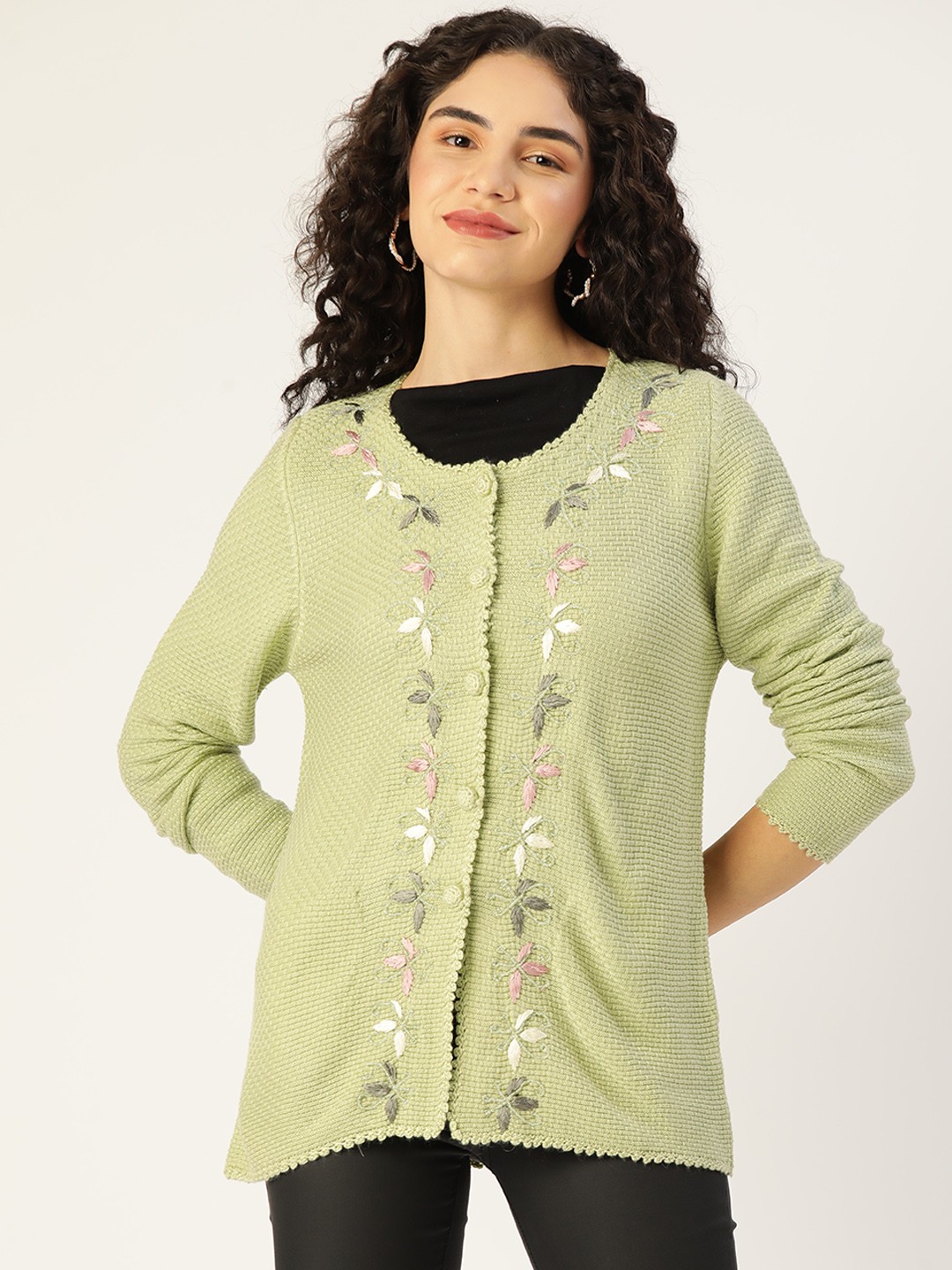 

APSLEY Women Floral Embroidered Acrylic Cardigan, Olive