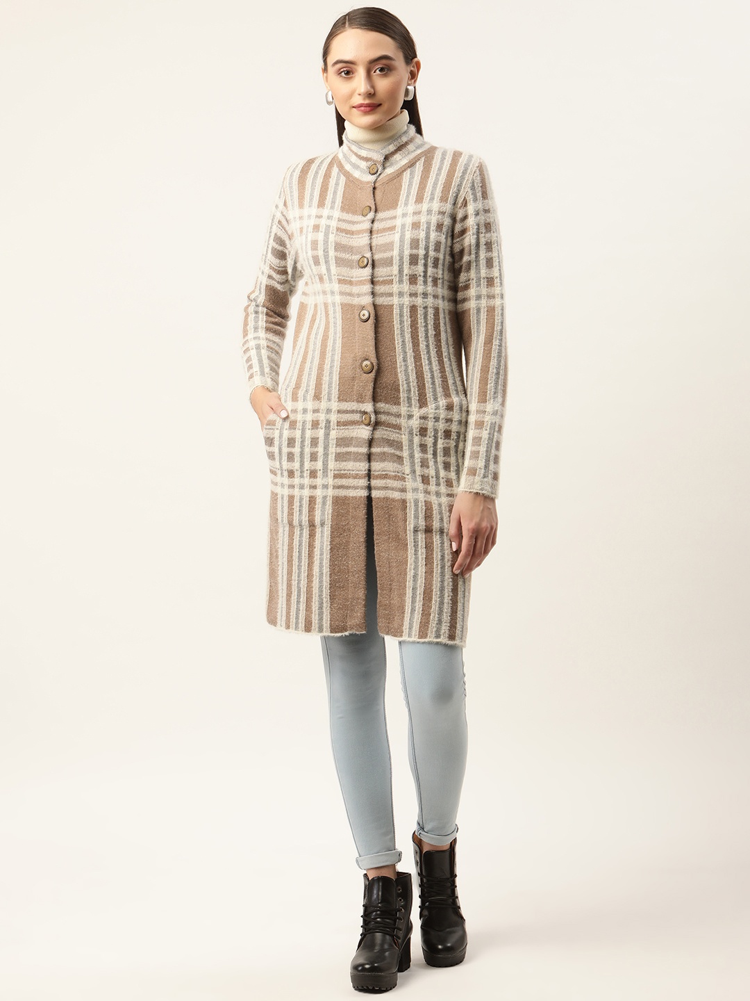 

APSLEY Women White Checked Longline Cardigan, Brown