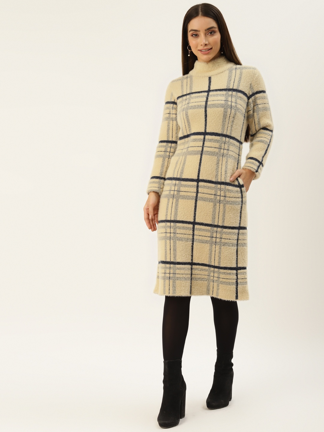 

APSLEY Beige & Black Checked A-Line Winter Dress