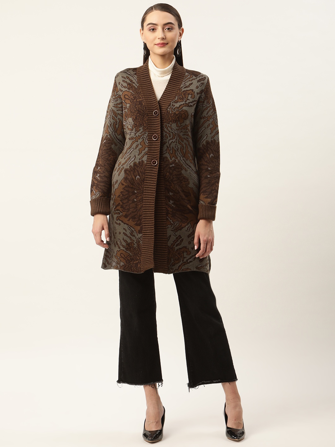

APSLEY Women Floral Printed Longline Cardigan, Olive