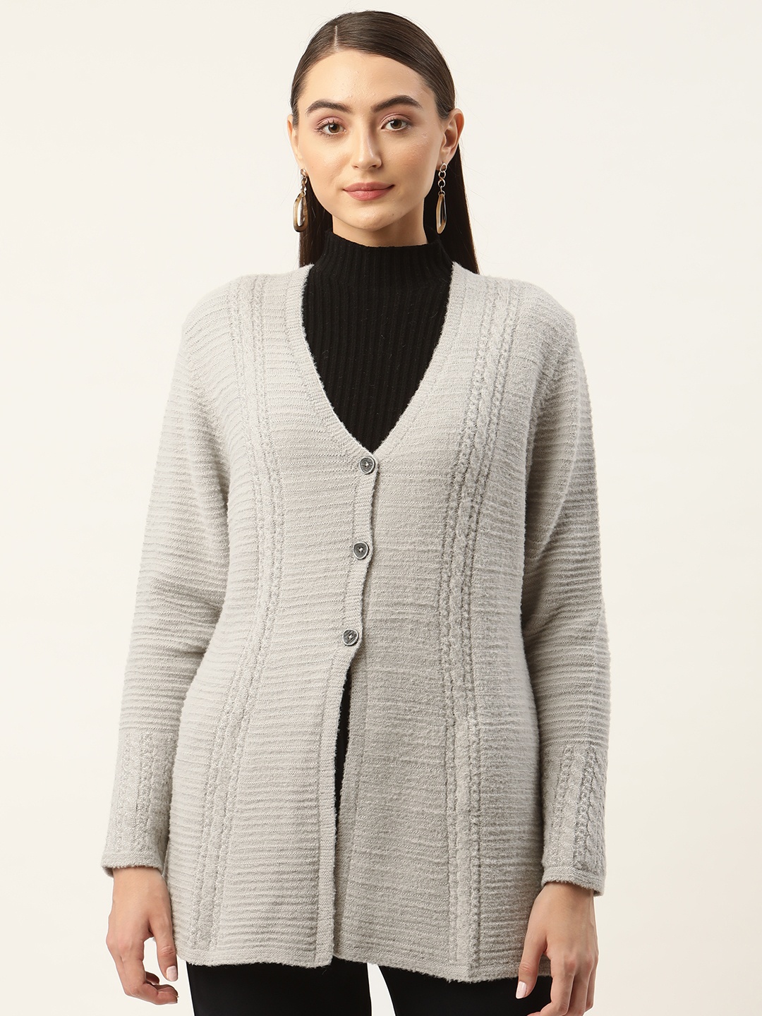 

APSLEY Women Self Design Longline Cardigan, Grey