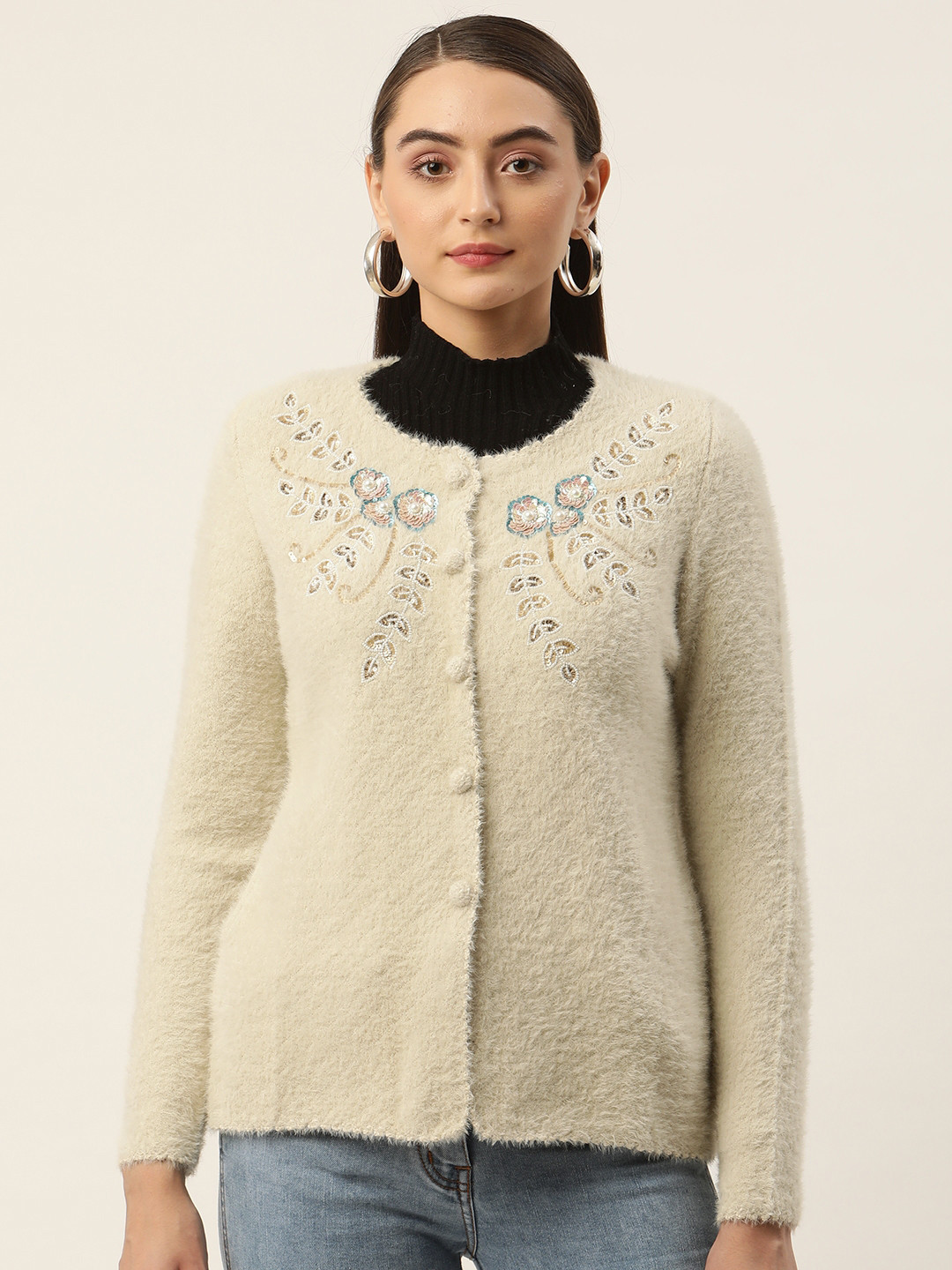 

APSLEY Women Embroidered Detail Cardigan, Off white