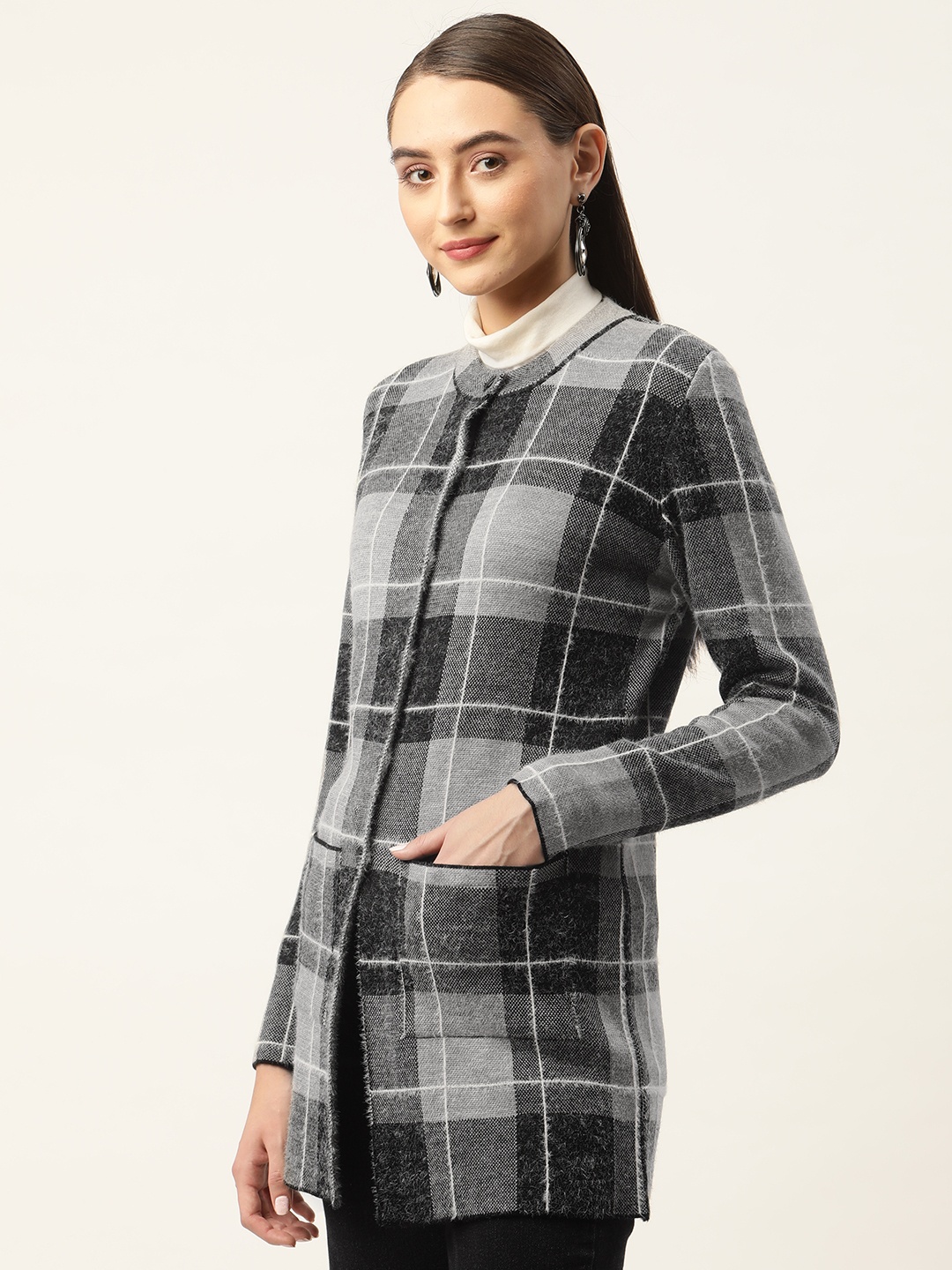 

APSLEY Women Checked Longline Cardigan, Black