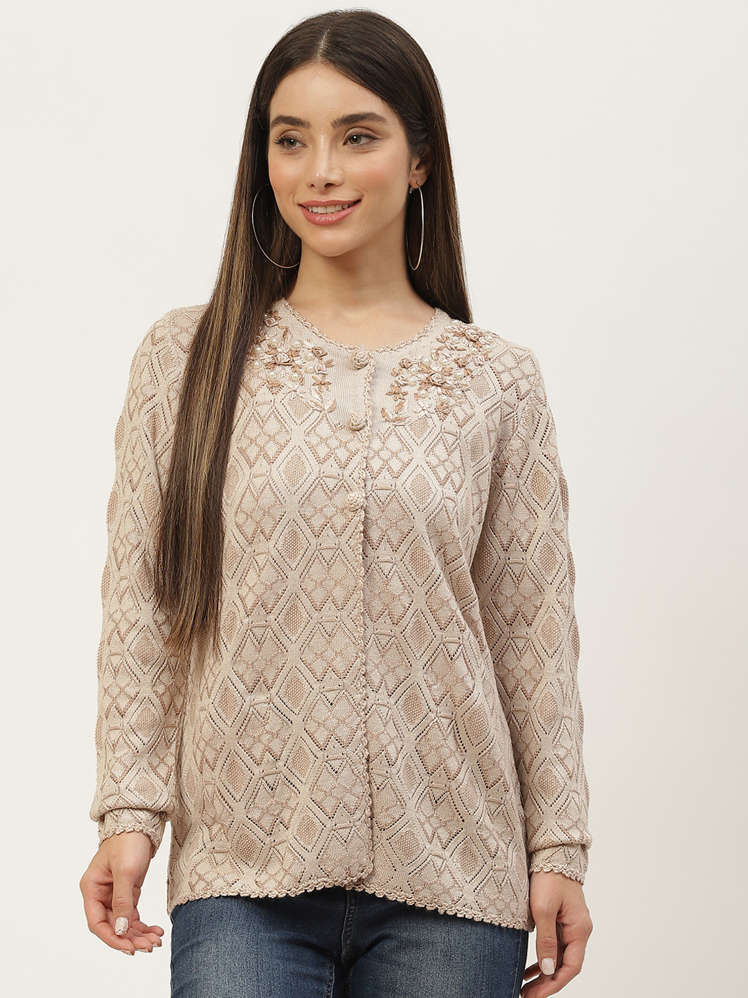 

APSLEY Women Beige Open Knit Cardigan with Floral Embroidered Detail