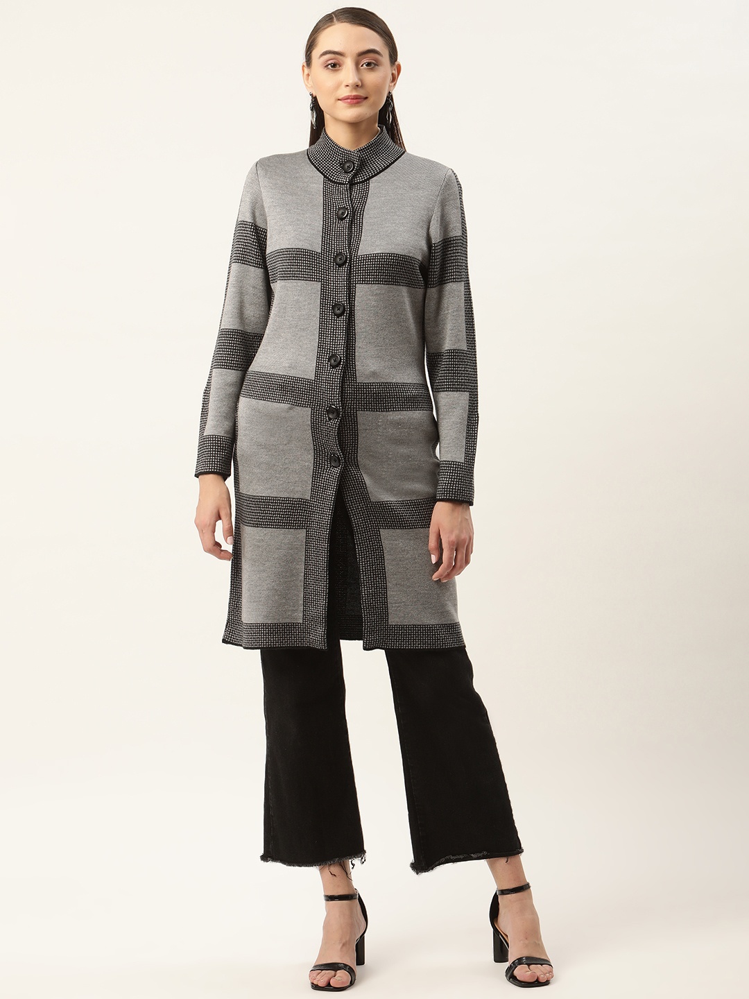 

APSLEY Women Checked Longline Cardigan, Grey