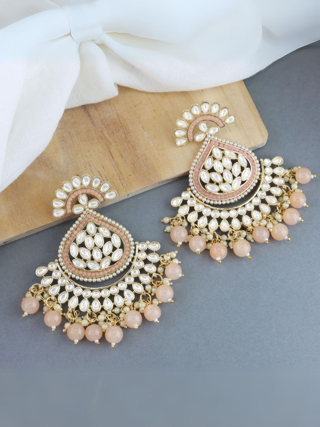 

I Jewels Peach-Coloured Gold Plated Kundan & Faux Pearl Studded Chandbali Earrings