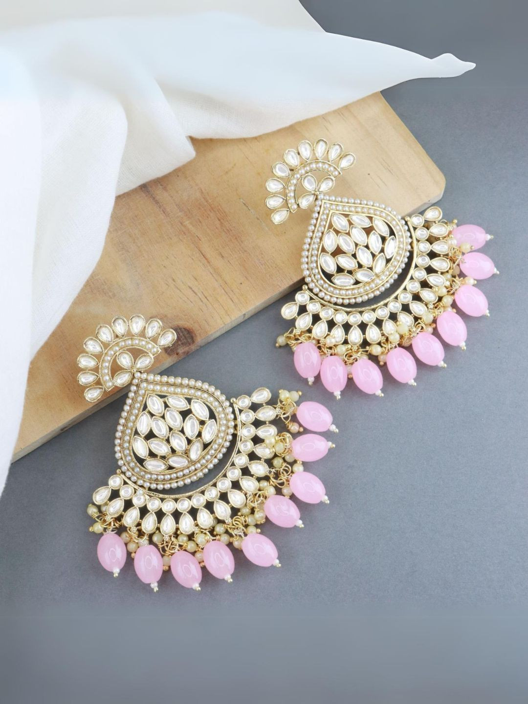 

I Jewels Pink Gold Plated Kundan & Faux Pearl Studded Chandbali Earrings