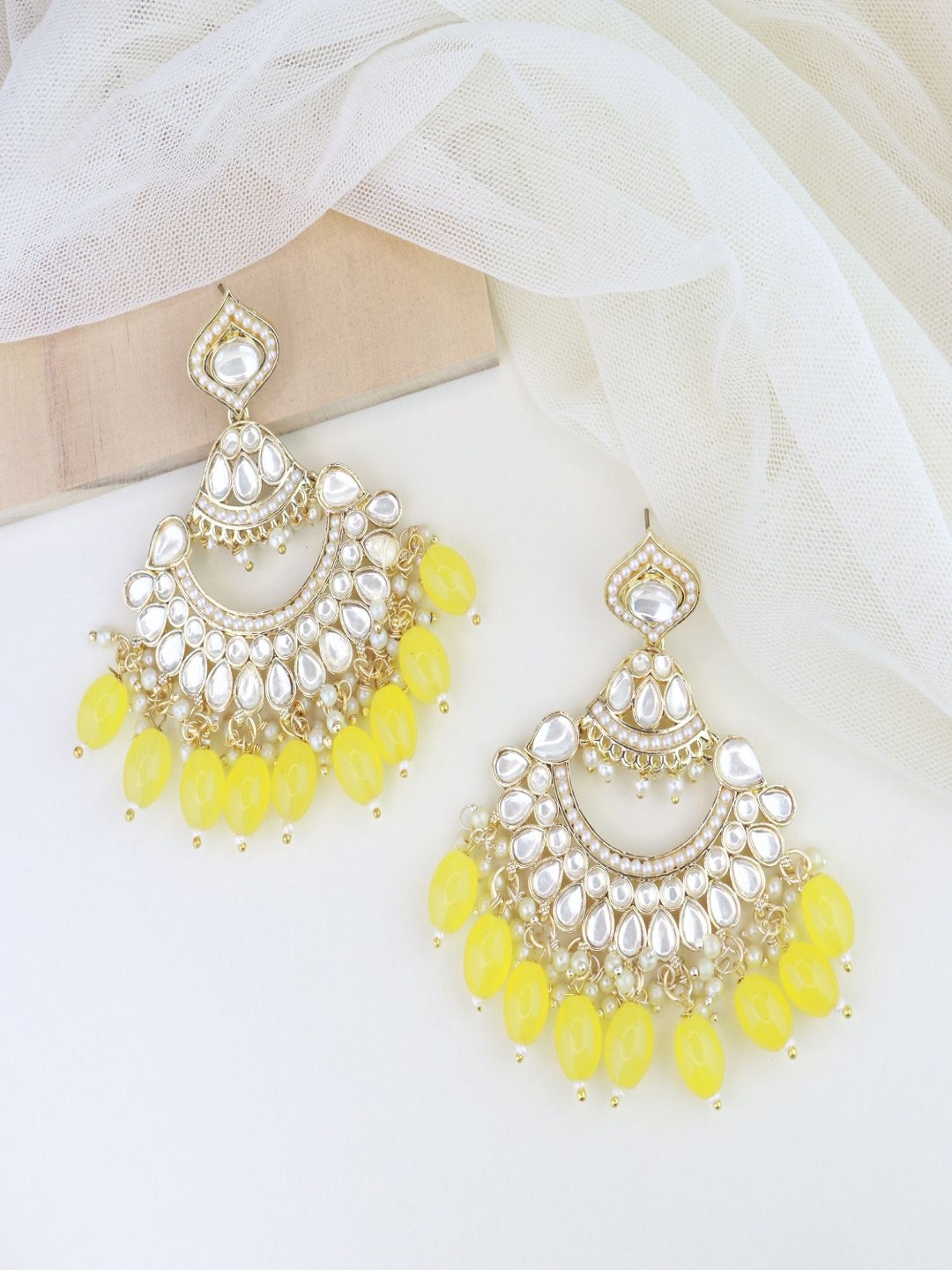 

I Jewels Yellow Gold Plated Kundan & Faux Pearl Studded Chandbali Earrings