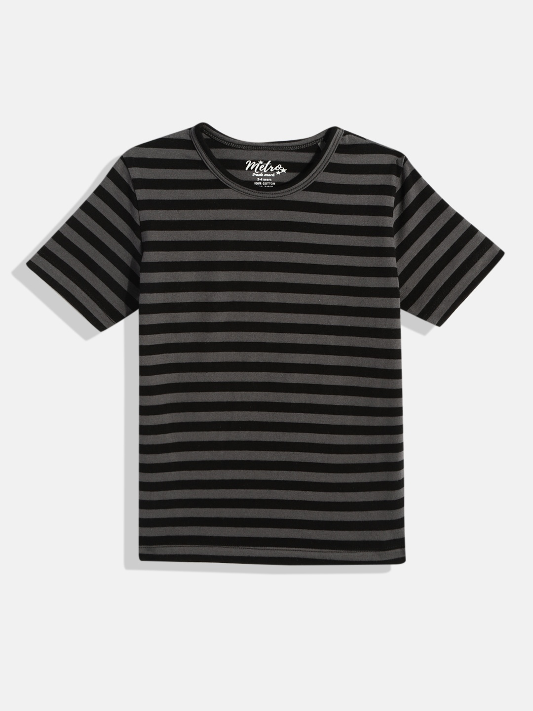 

METRO KIDS COMPANY Boys Black & Charcoal Grey Striped Pure Cotton T-shirt