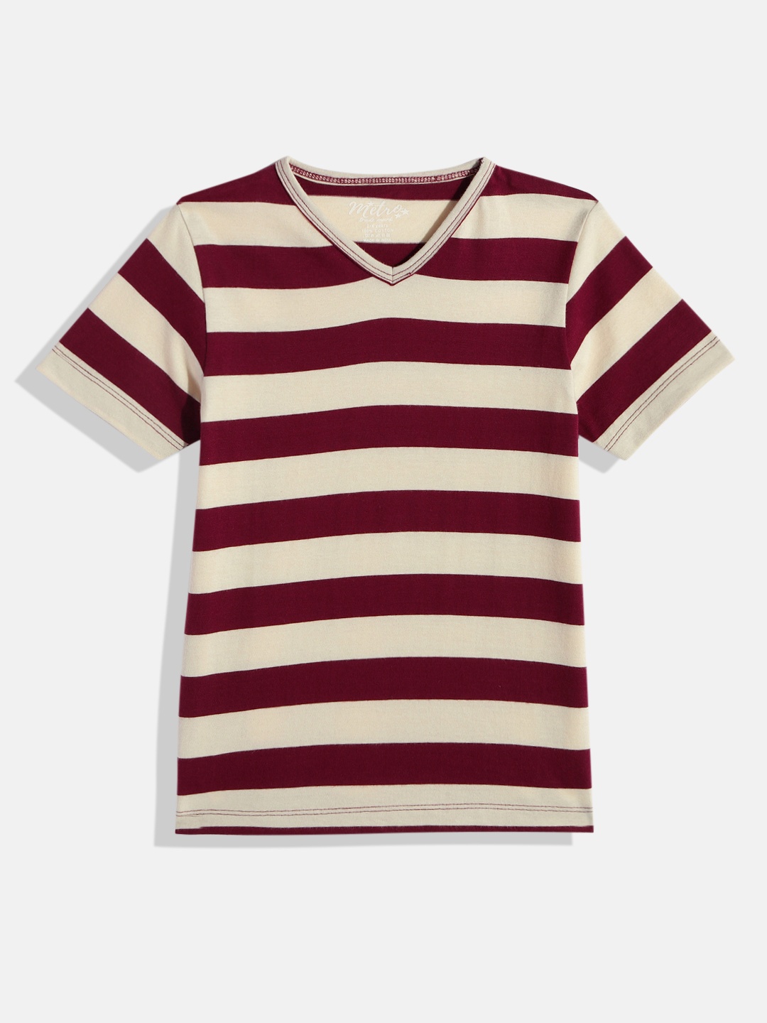 

METRO KIDS COMPANY Boys Cream-Coloured & Maroon Striped Pure Cotton T-shirt