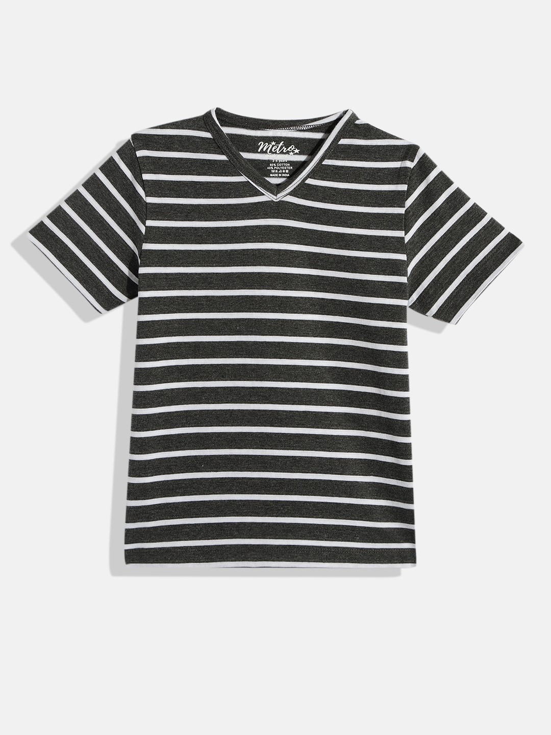 

METRO KIDS COMPANY Boys Charcoal Grey & White Striped V-Neck Pure Cotton T-shirt