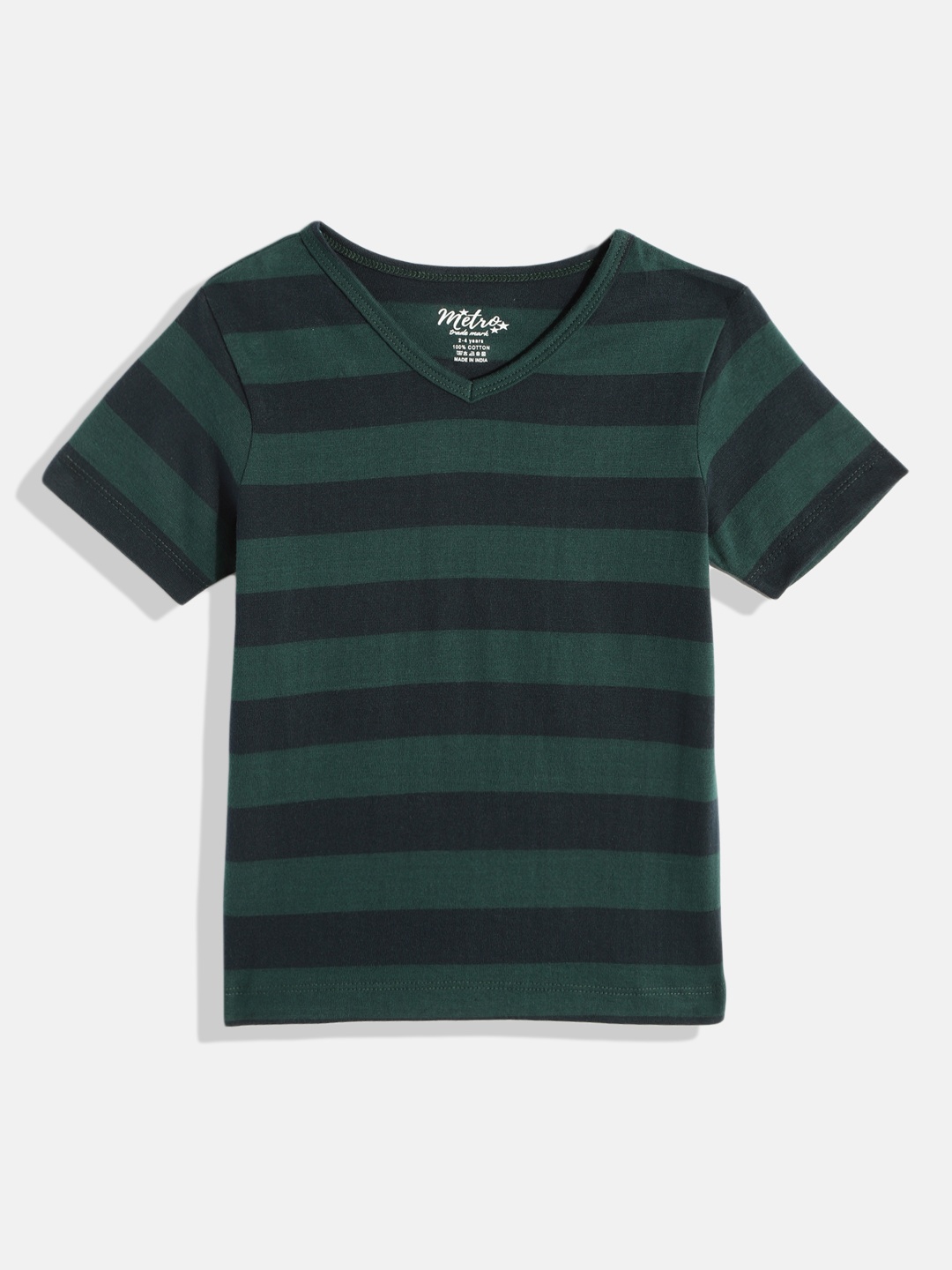 

METRO KIDS COMPANY Boys Green & Black Striped V-Neck Pure Cotton T-shirt