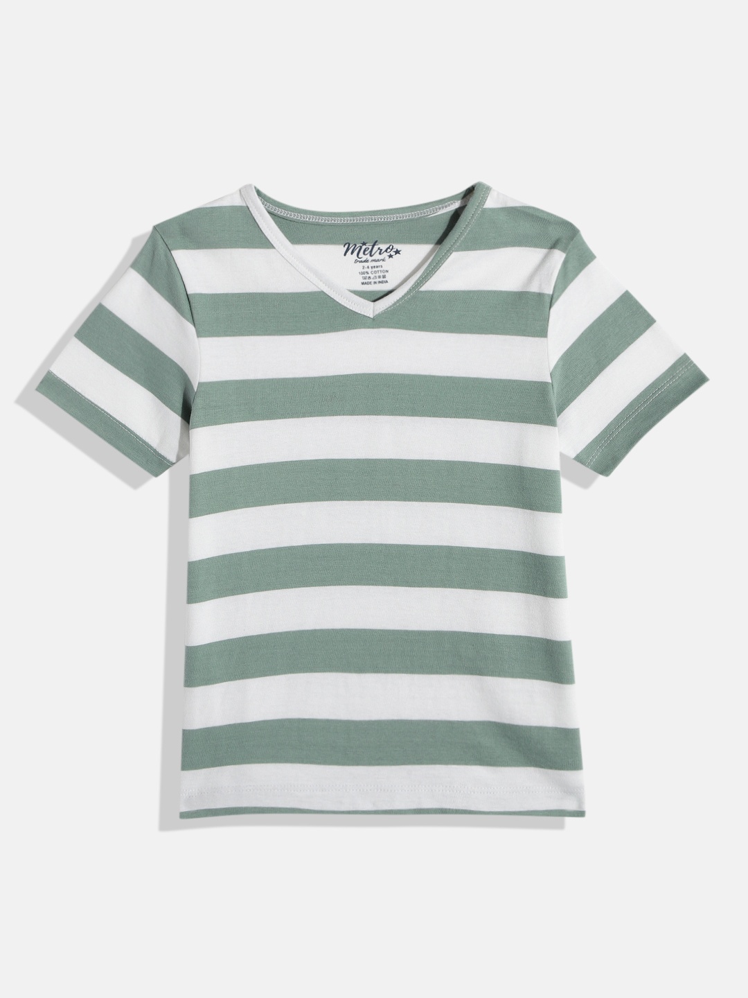 

METRO KIDS COMPANY Boys White & Green Striped V-Neck Pure Cotton T-shirt