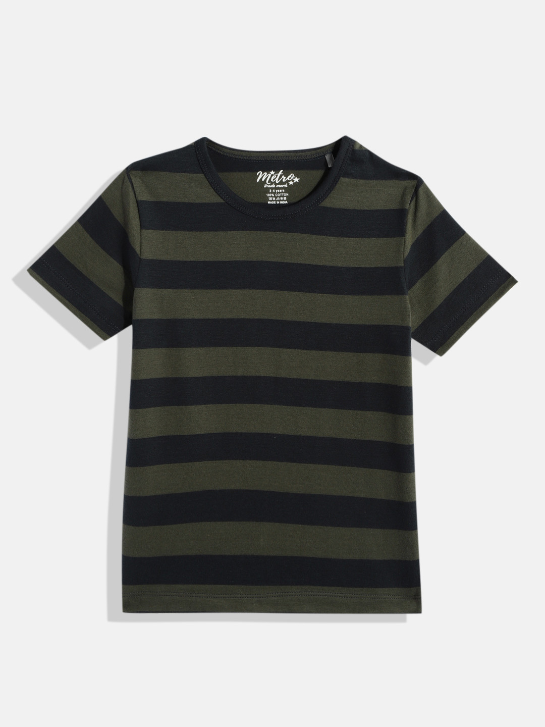 

METRO KIDS COMPANY Boys Olive Brown & Black Striped Pure Cotton T-shirt