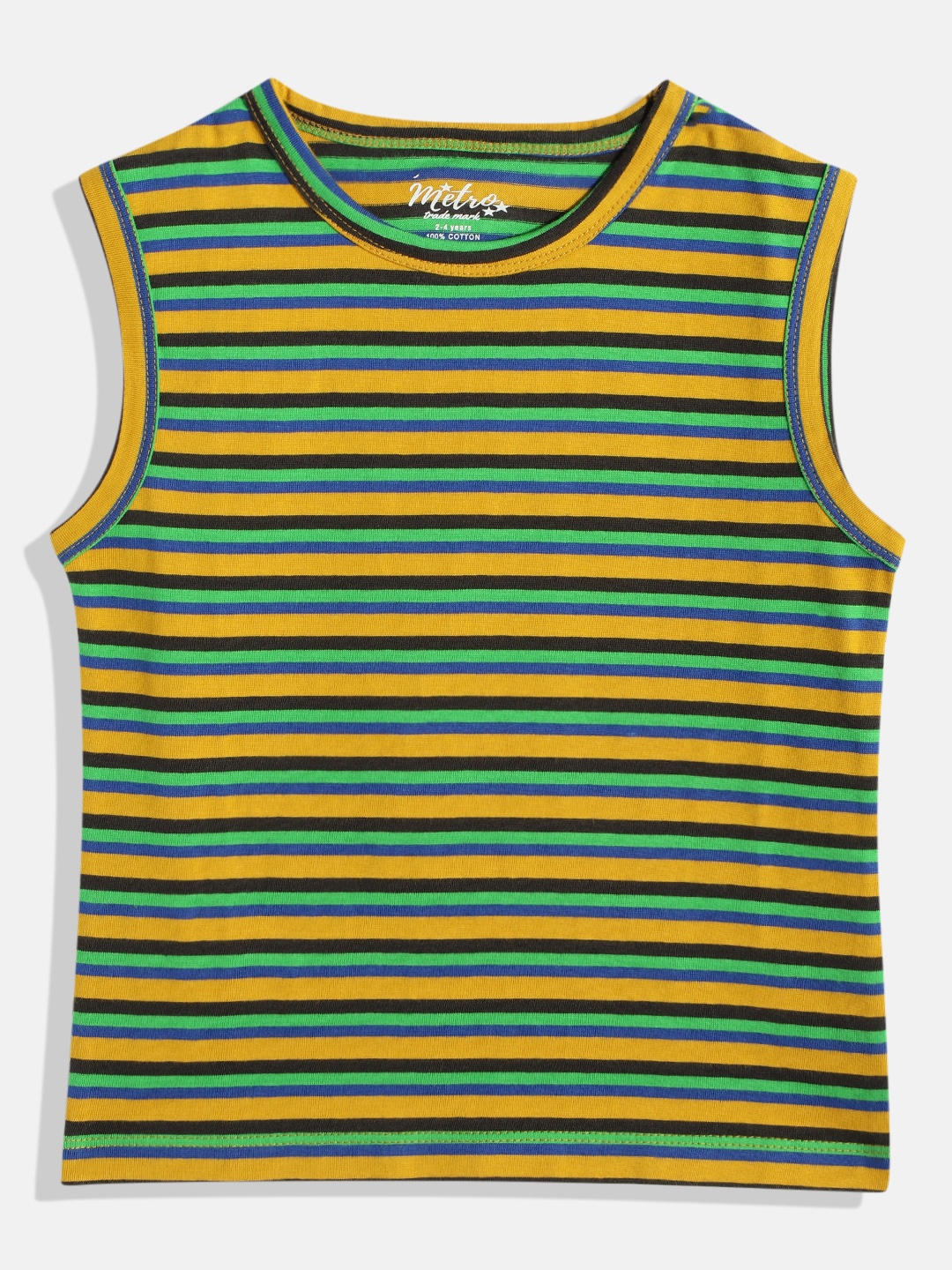 

METRO KIDS COMPANY Boys Yellow & Green Striped Pure Cotton T-shirt