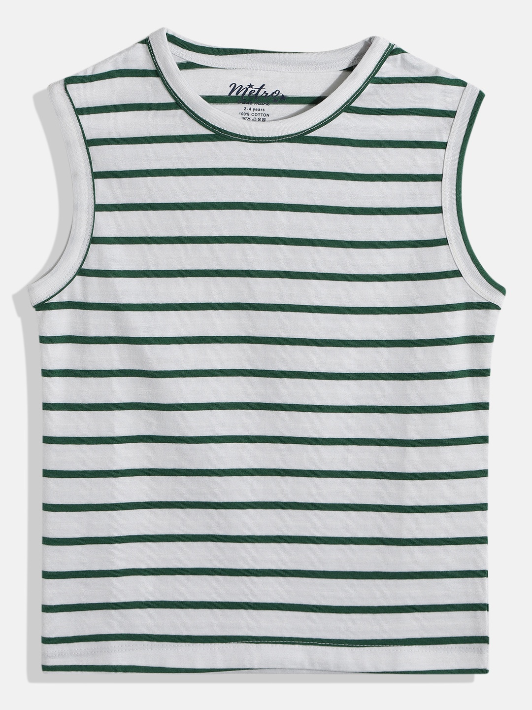 

METRO KIDS COMPANY Boys White & Green Striped Pure Cotton T-shirt