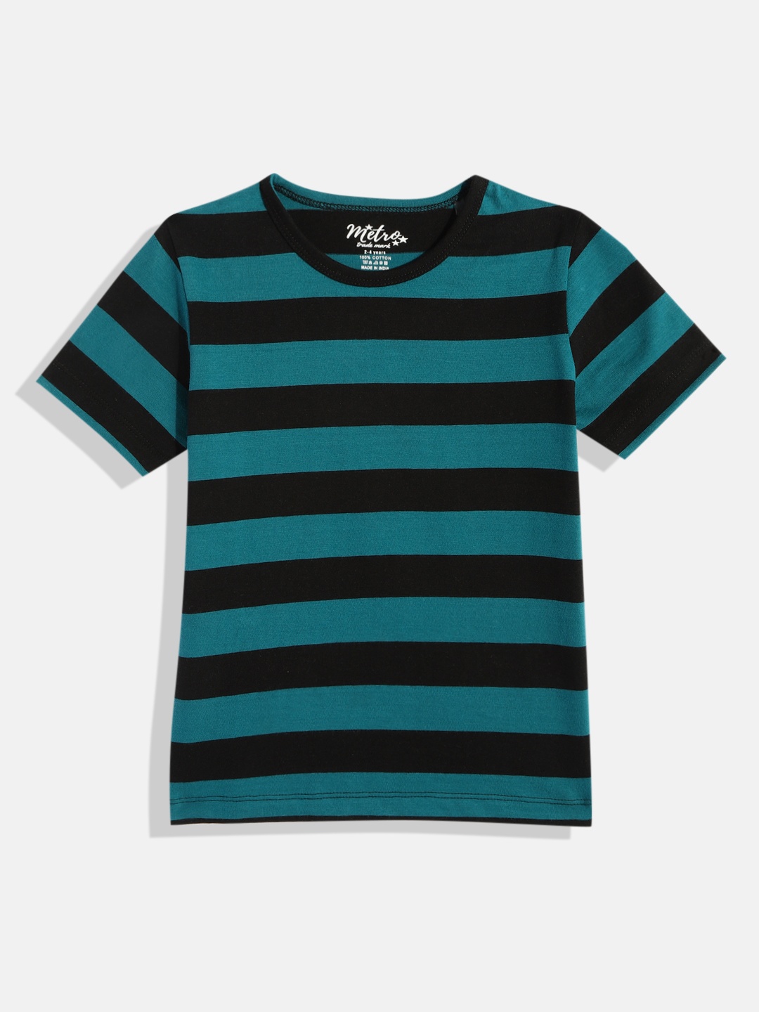 

METRO KIDS COMPANY Boys Navy Blue Striped Pure Cotton T-shirt