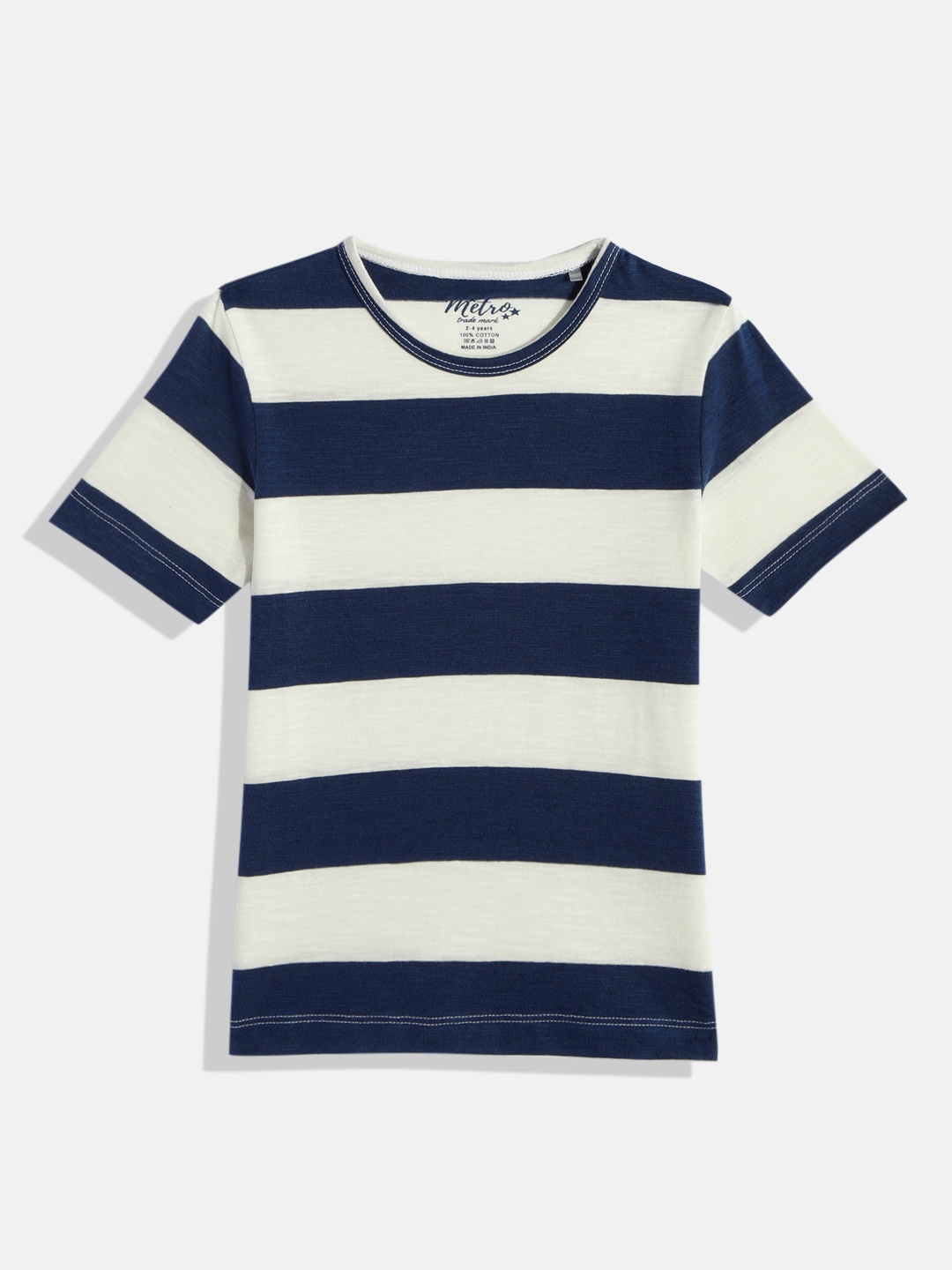 

METRO KIDS COMPANY Boys White & Navy Blue Striped Pure Cotton T-shirt