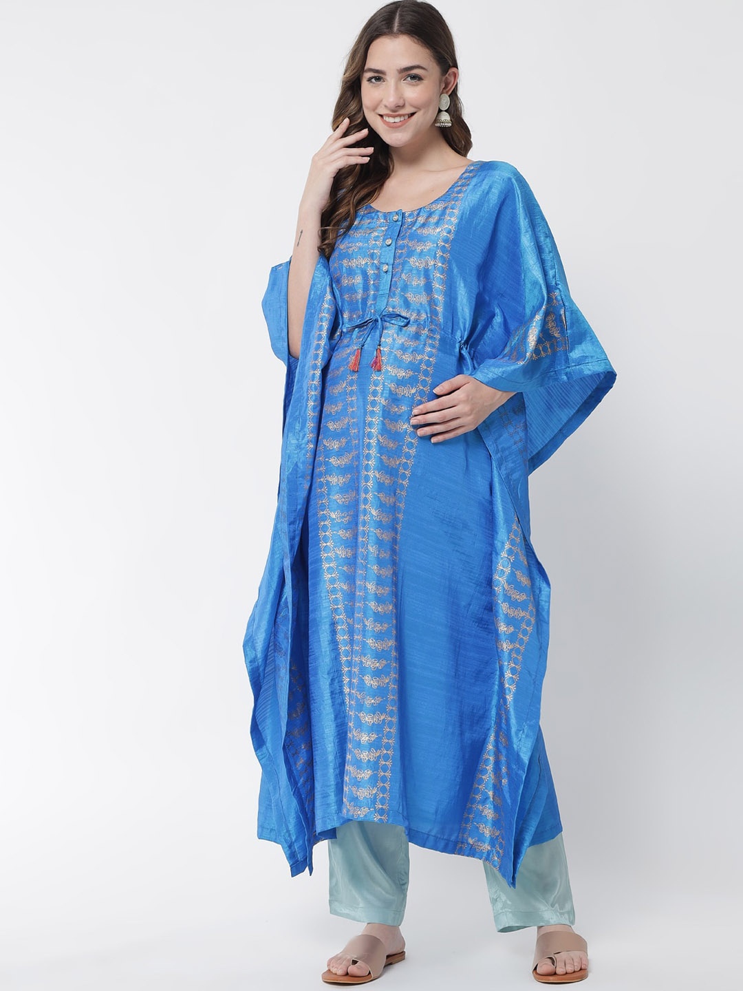 

Aujjessa Women Turquoise Blue Printed Silk Maternity Kaftan Kurta