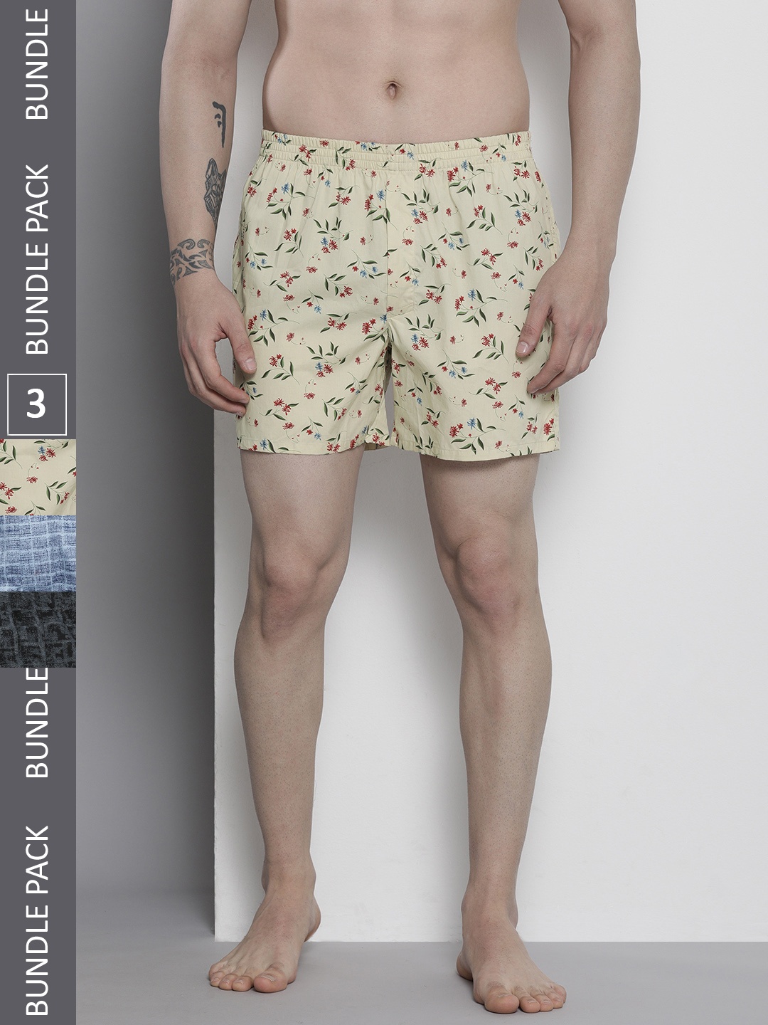 

The Indian Garage Co Men Set of 3 Printed Cotton Boxers, Black