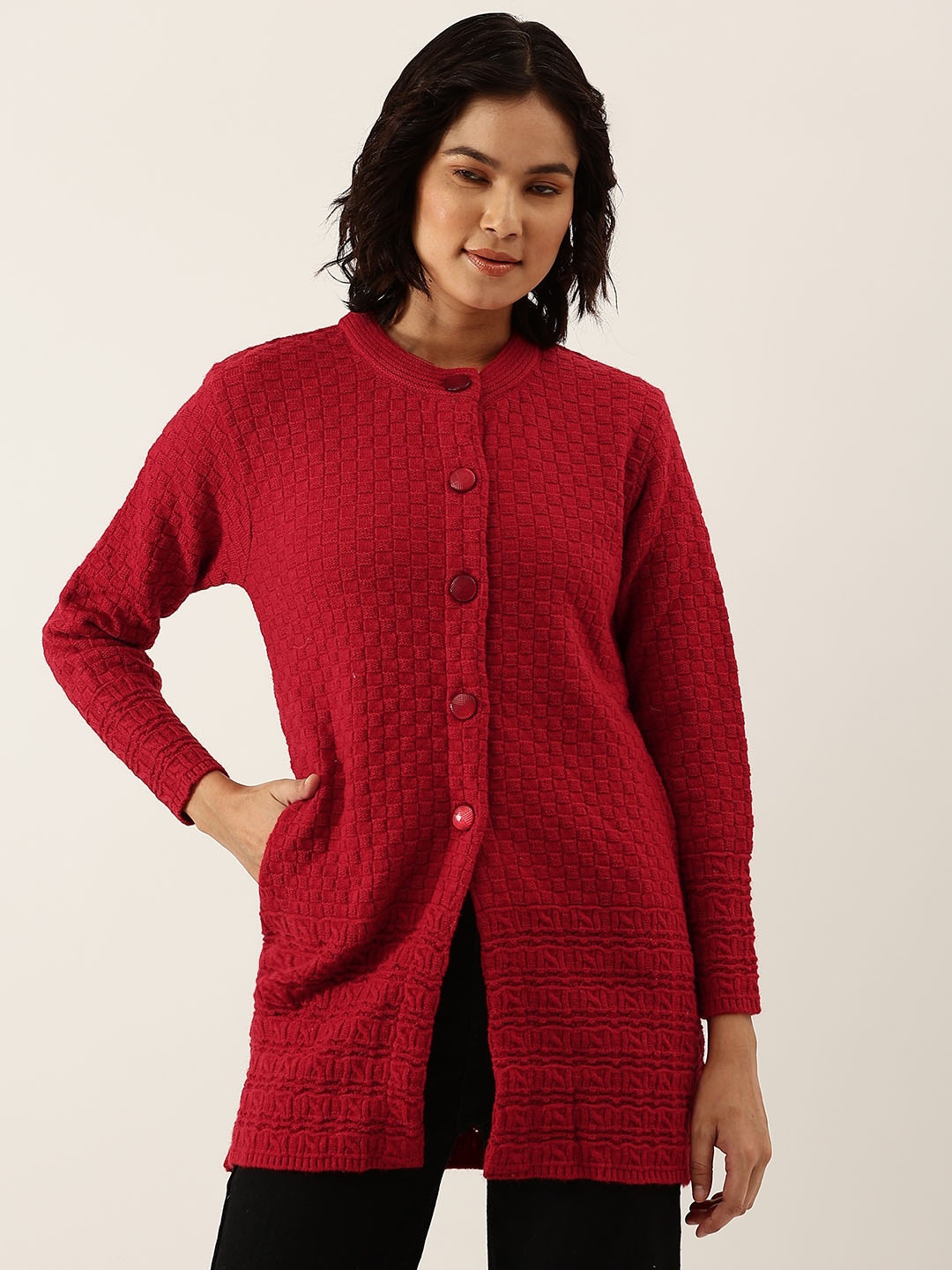 

BROOWL Women Red Self Design Checked Woollen Longline Cardigan