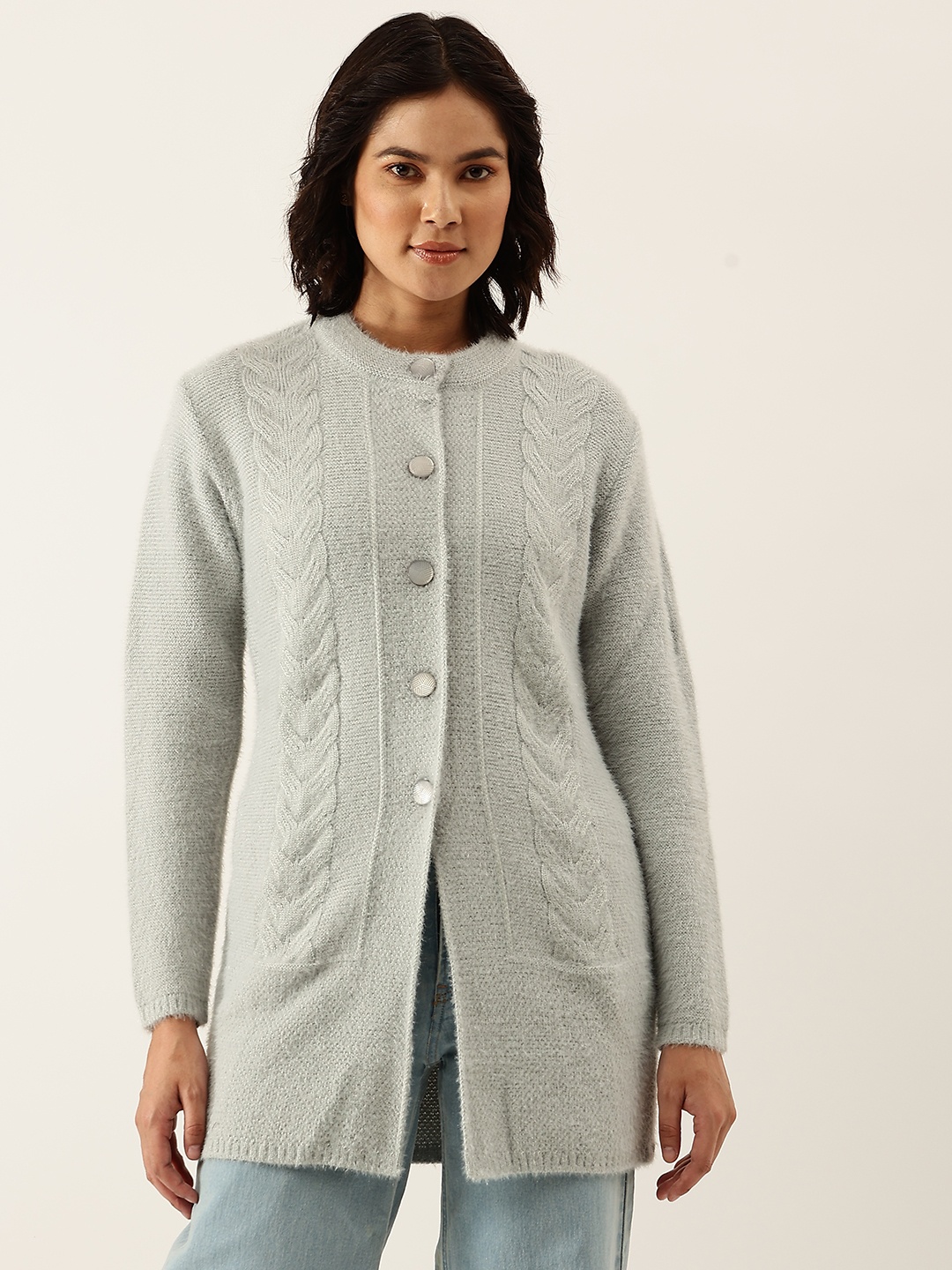 

BROOWL Women Grey Woollen Cable Knit Longline Cardigan