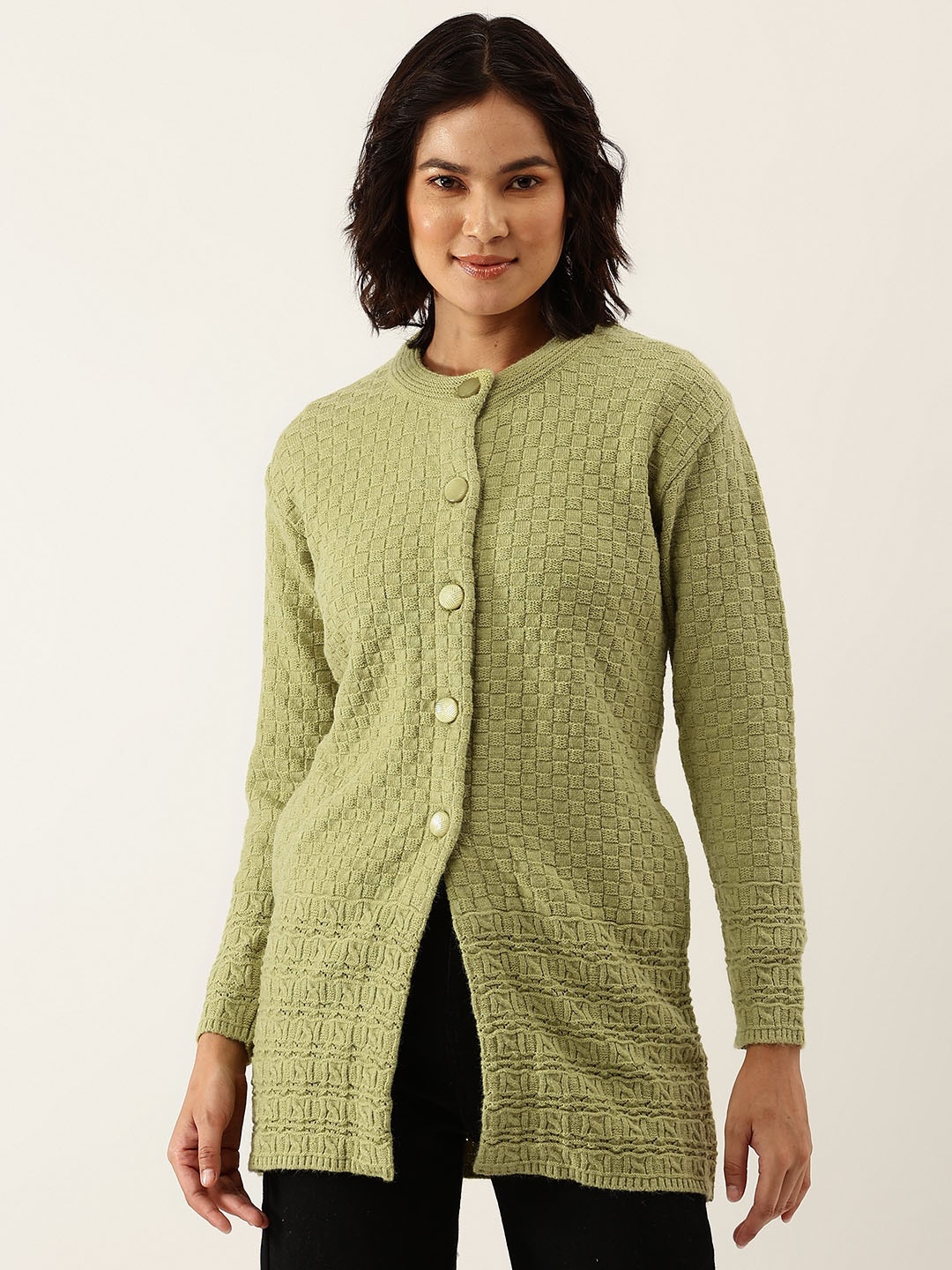 

BROOWL Women Green Self Design Checked Woollen Longline Cardigan