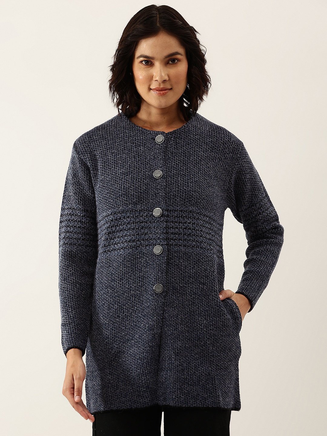 

BROOWL Women Navy Blue Woollen Striped Longline Cardigan