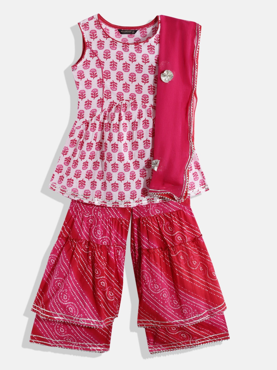

Readiprint Fashions Girls White & Pink Floral Pure Cotton Kurti with Sharara & Dupatta