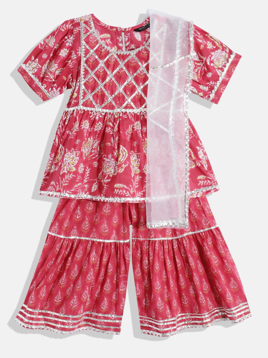 

Readiprint Girls Red Floral Gotta Patti Cotton Kurti with Sharara & Dupatta