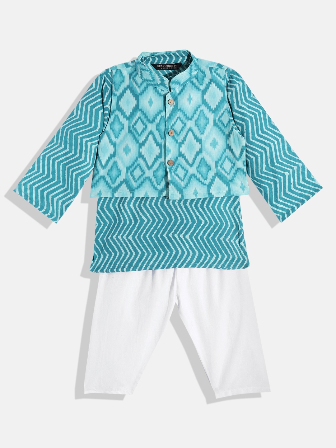 

Readiprint Boys Turquoise Blue Printed Cotton Kurta with Pyjamas & Nehru Jacket