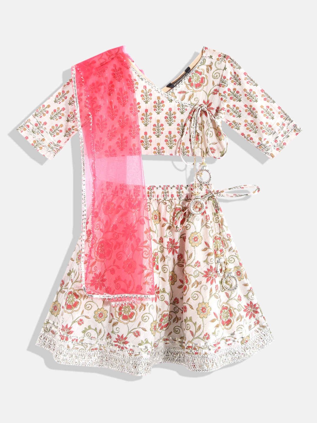 

Readiprint Fashions Girls Cream-Coloured & Magenta Printed Ready to Wear Lehenga & Blouse With Dupatta