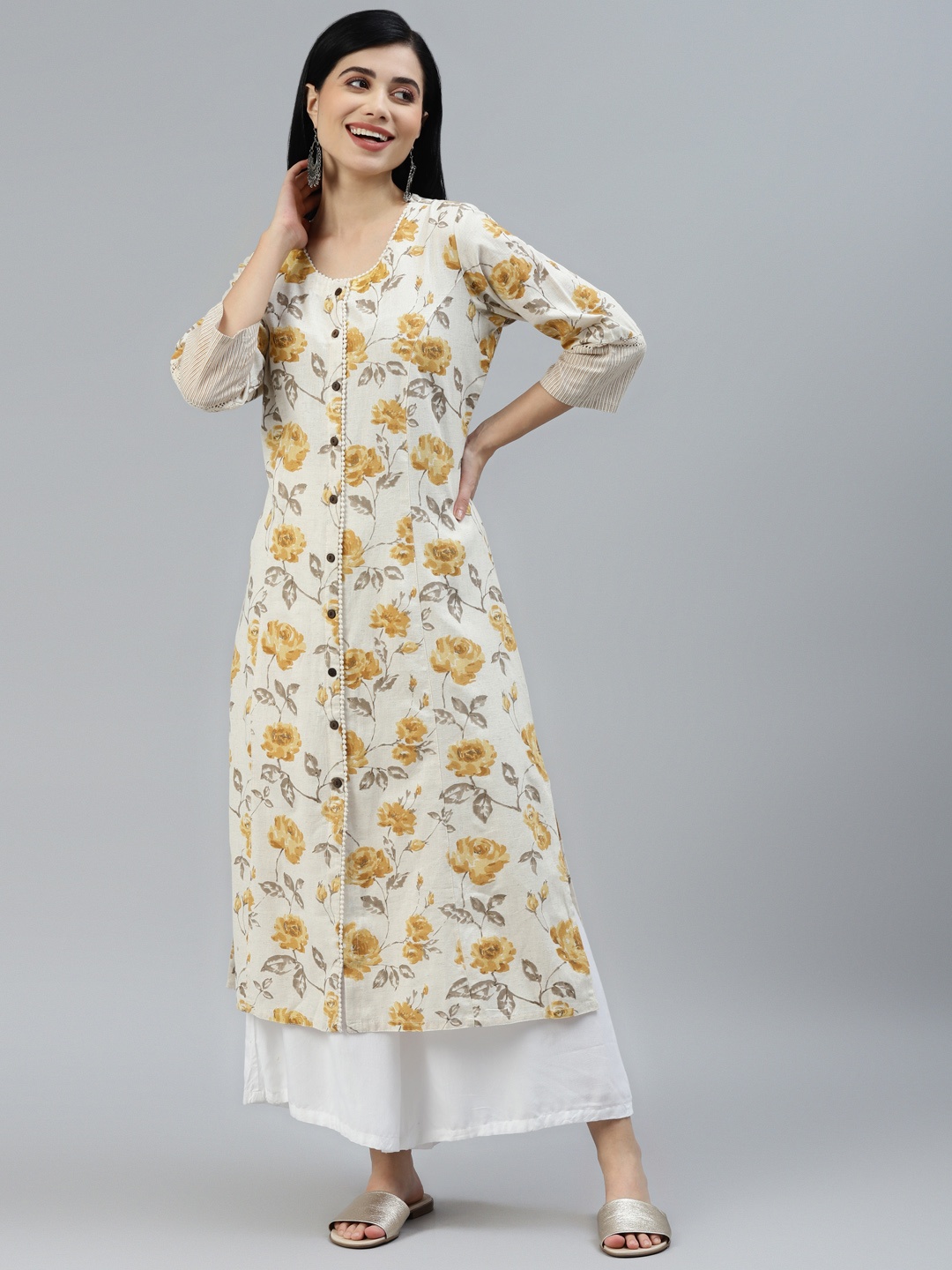 

Divena Women Cream-Coloured & Mustard Yellow Floral Printed Floral Kurta