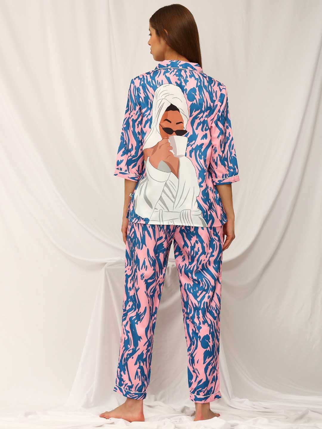 

Bannos Swagger Women Pink Abstract Joyful Retreat Night Suit