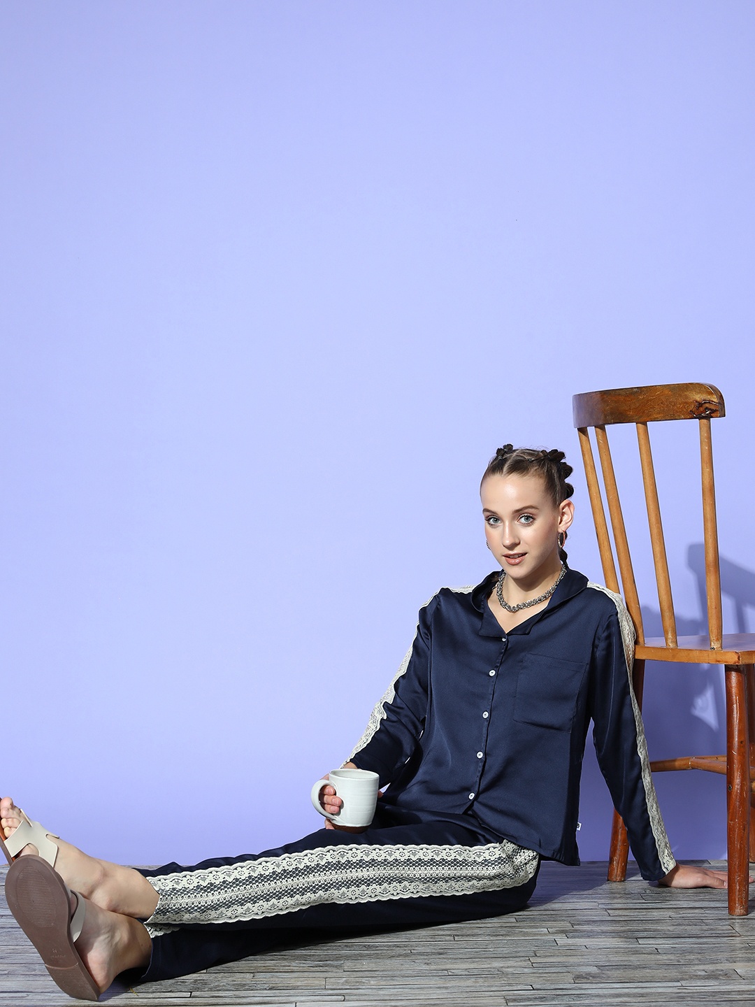 

Bannos Swagger Women Navy Blue Slumber Together Satin Solid Workleisure Night Suit