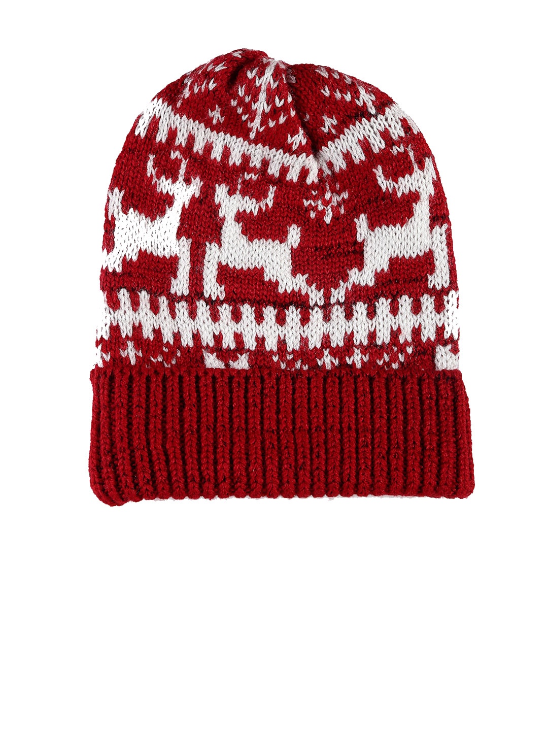 

513 Women Red & White Self Design Knitted Acrylic Beanie Cap