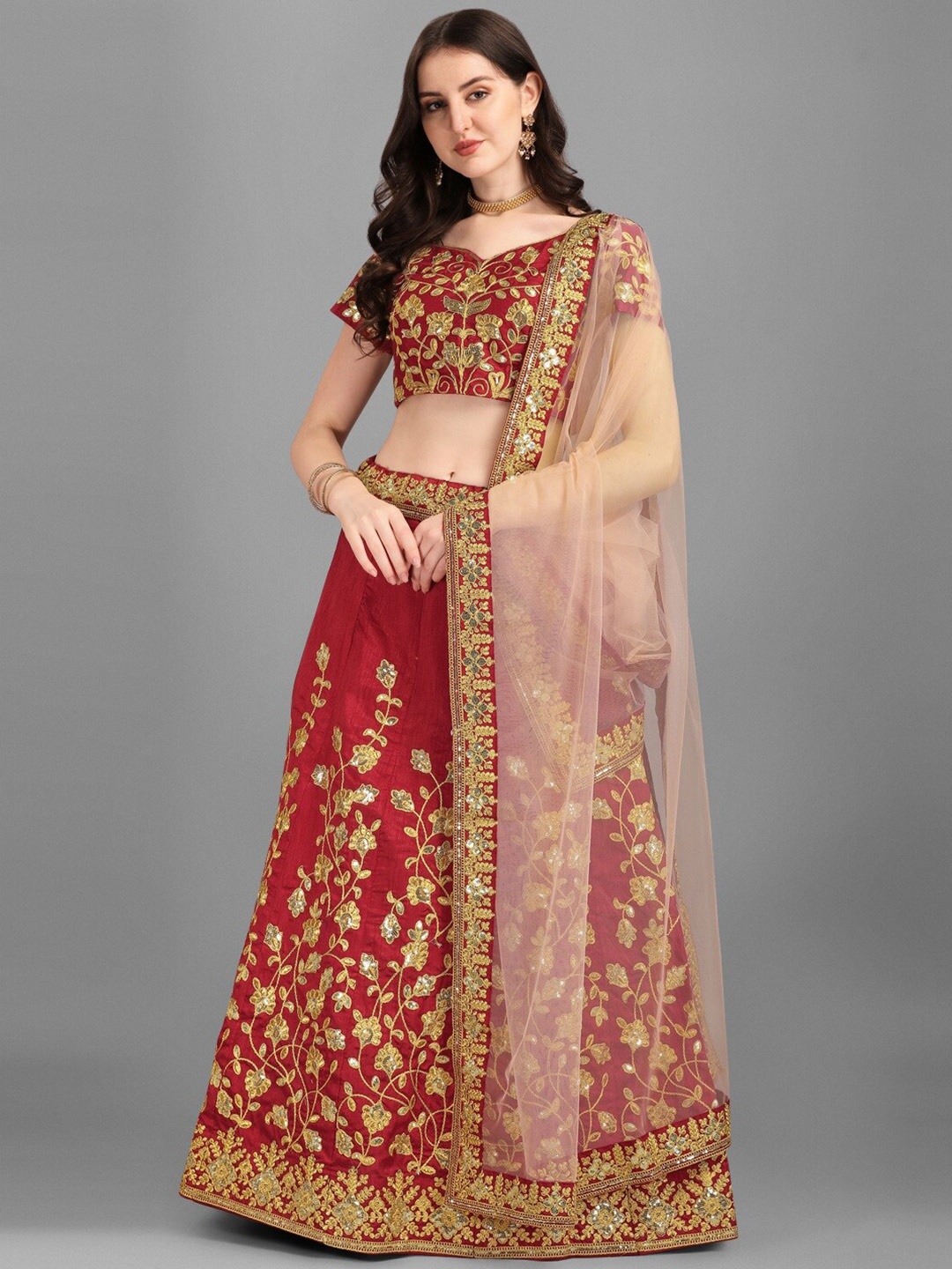 

Ethnic Yard Maroon & Gold-Toned Embroidered Semi-Stitched Lehenga & Unstitched Blouse With Dupatta