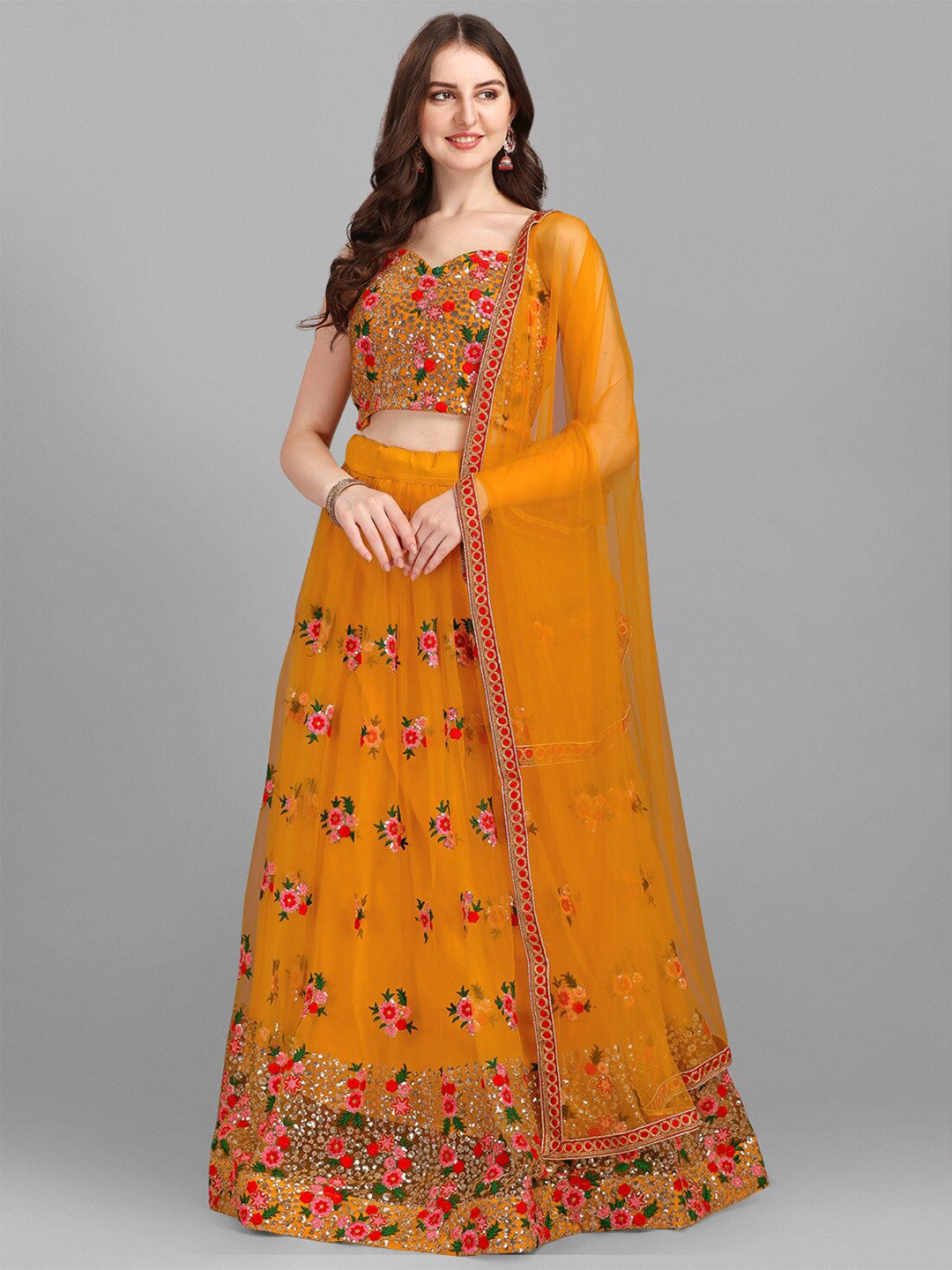 

Ethnic Yard Mustard & Red Embroidered Semi-Stitched Lehenga & Unstitched Blouse With Dupatta