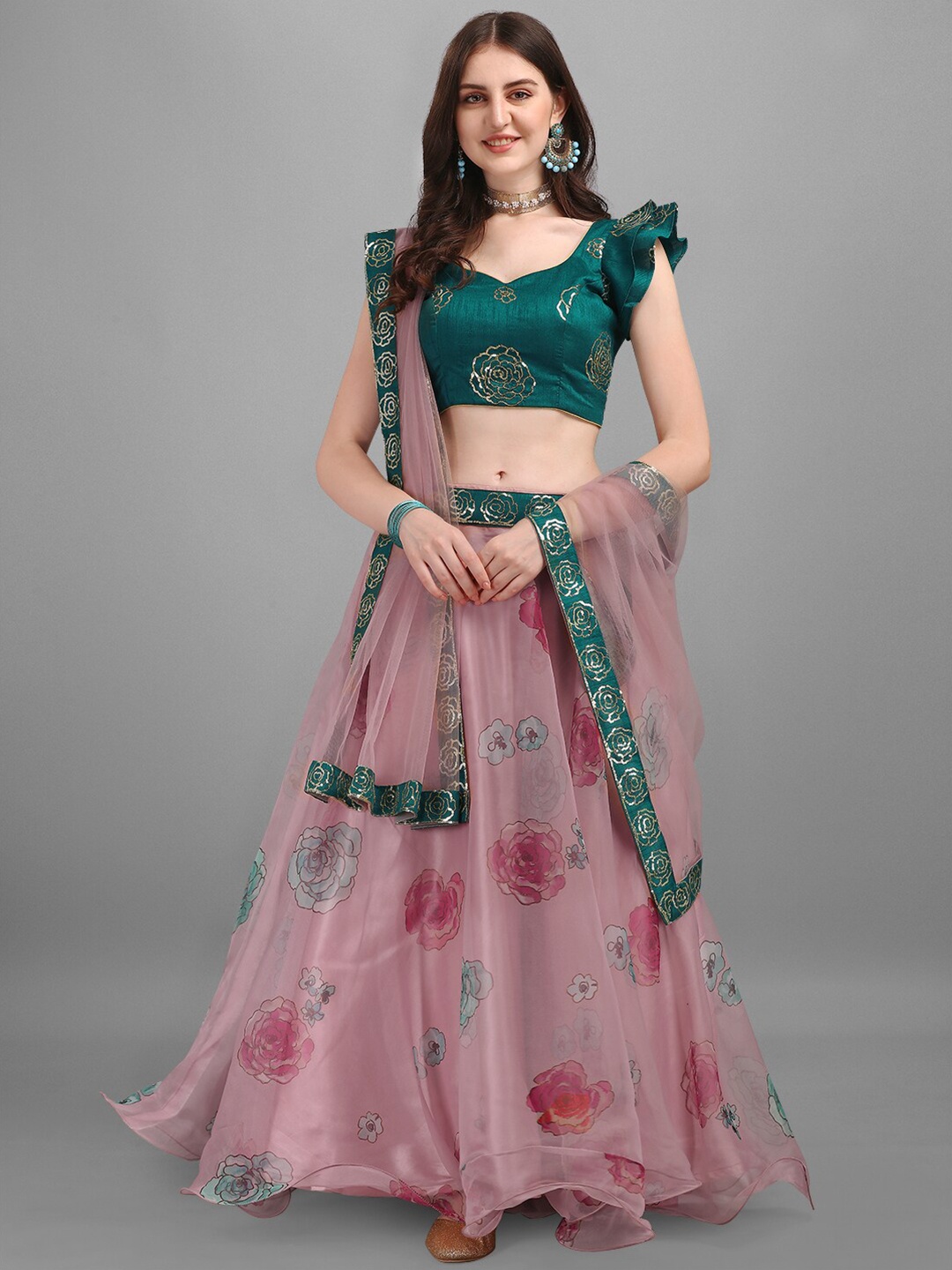 

Ethnic Yard Pink & Green Printed Semi-Stitched Lehenga & Unstitched Blouse With Dupatta