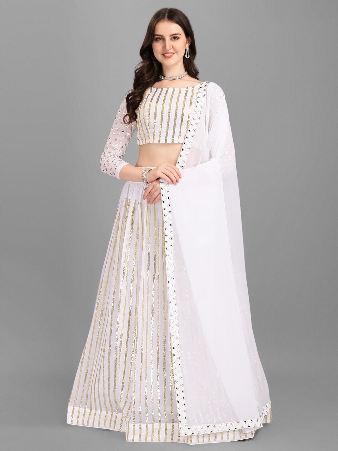 

Ethnic Yard White & Gold-Toned Embroidered Semi-Stitched Lehenga & Unstitched Blouse With Dupatta