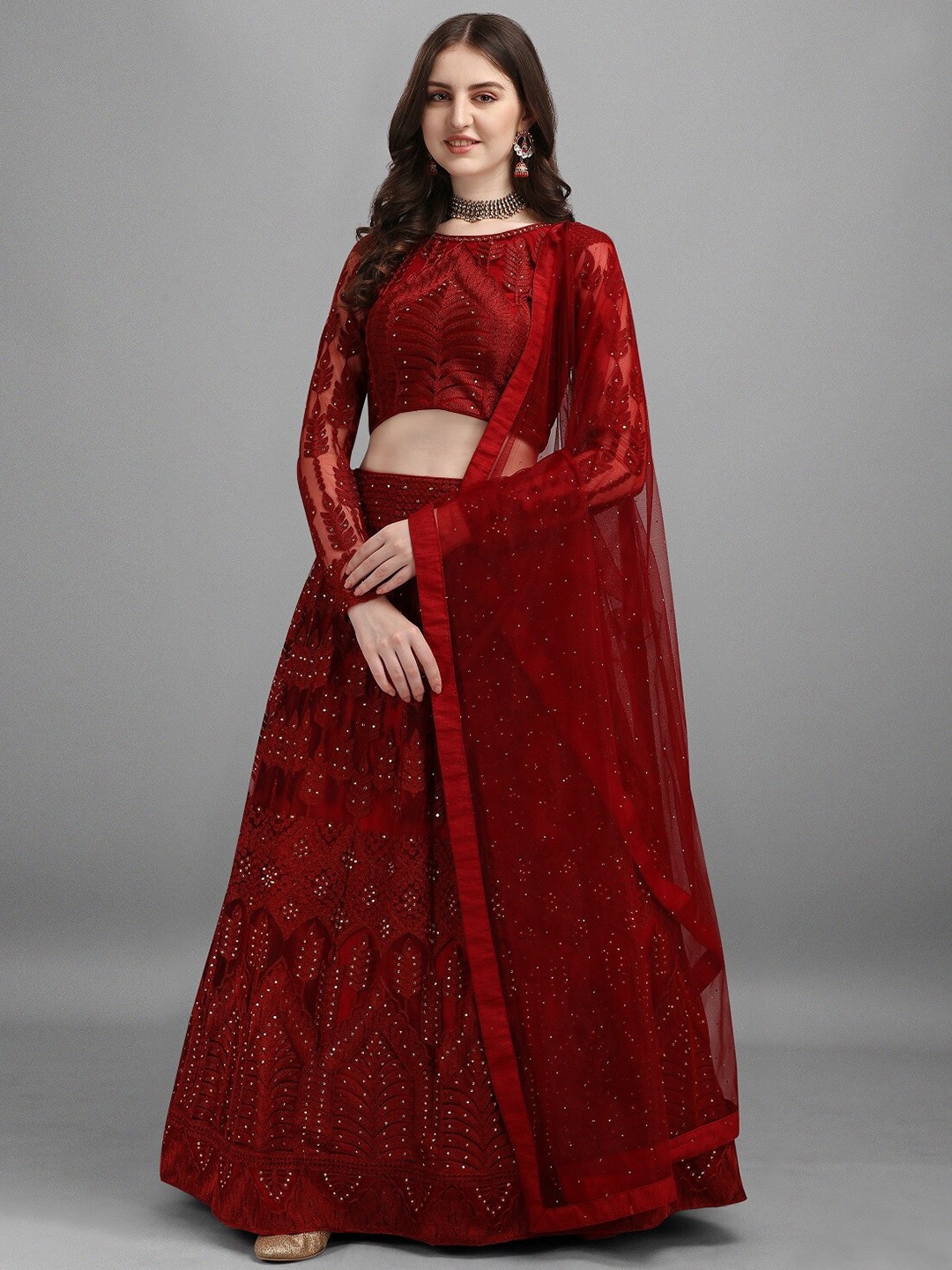 

Ethnic Yard Red & White Embroidered Patchwork Semi-Stitched Lehenga & Unstitched Blouse With Dupatta