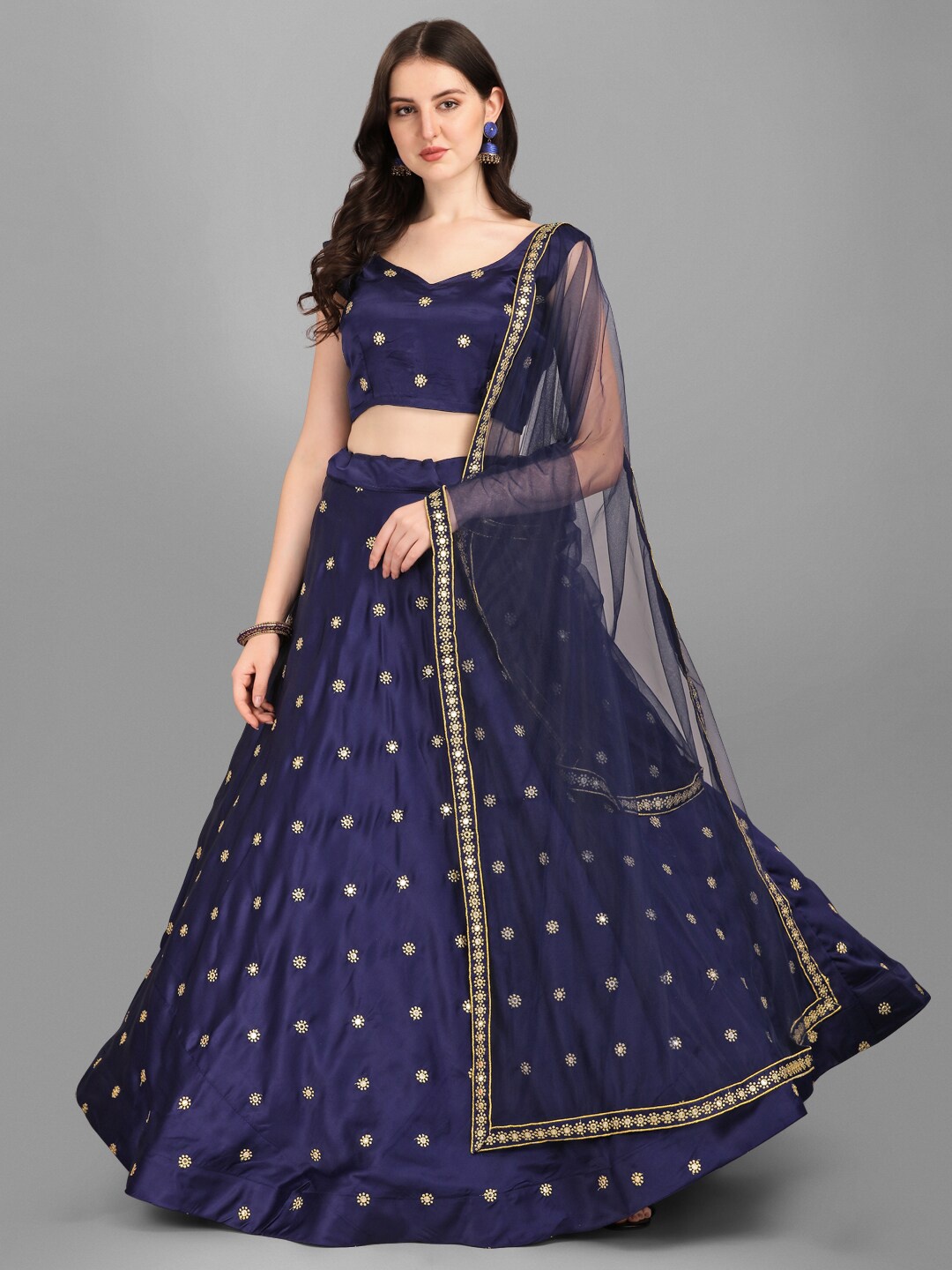 

Ethnic Yard Blue & Gold-Toned Embroidered Semi-Stitched Lehenga & Unstitched Blouse With Dupatta