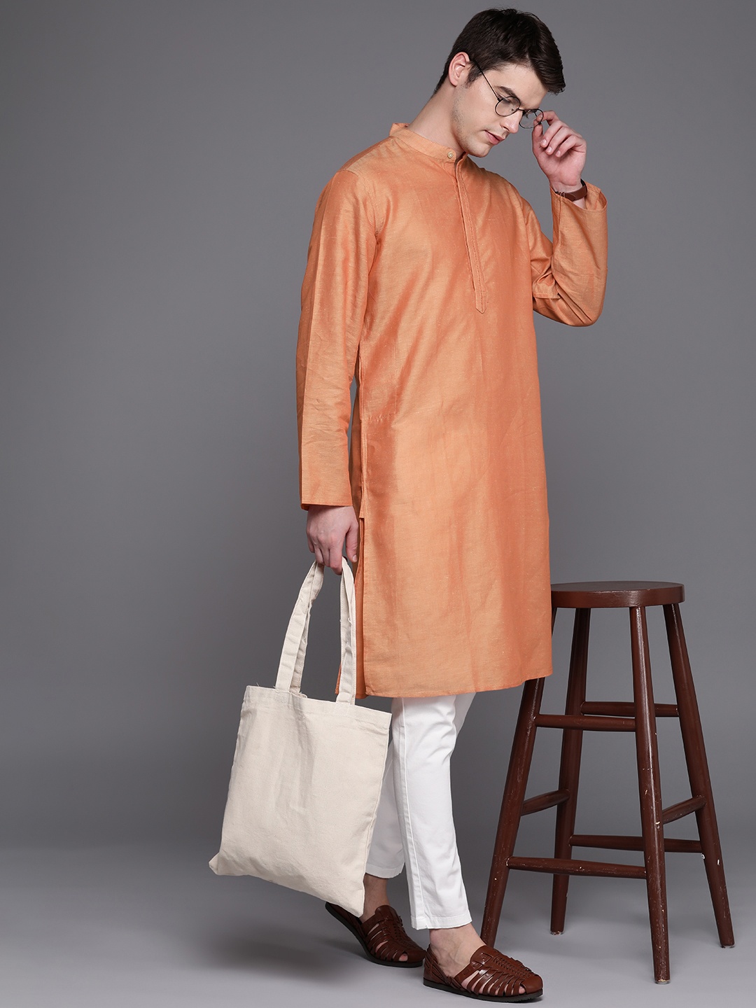 

Fabindia Men Linen Cotton Mandarin Collar Straight Kurta, Orange