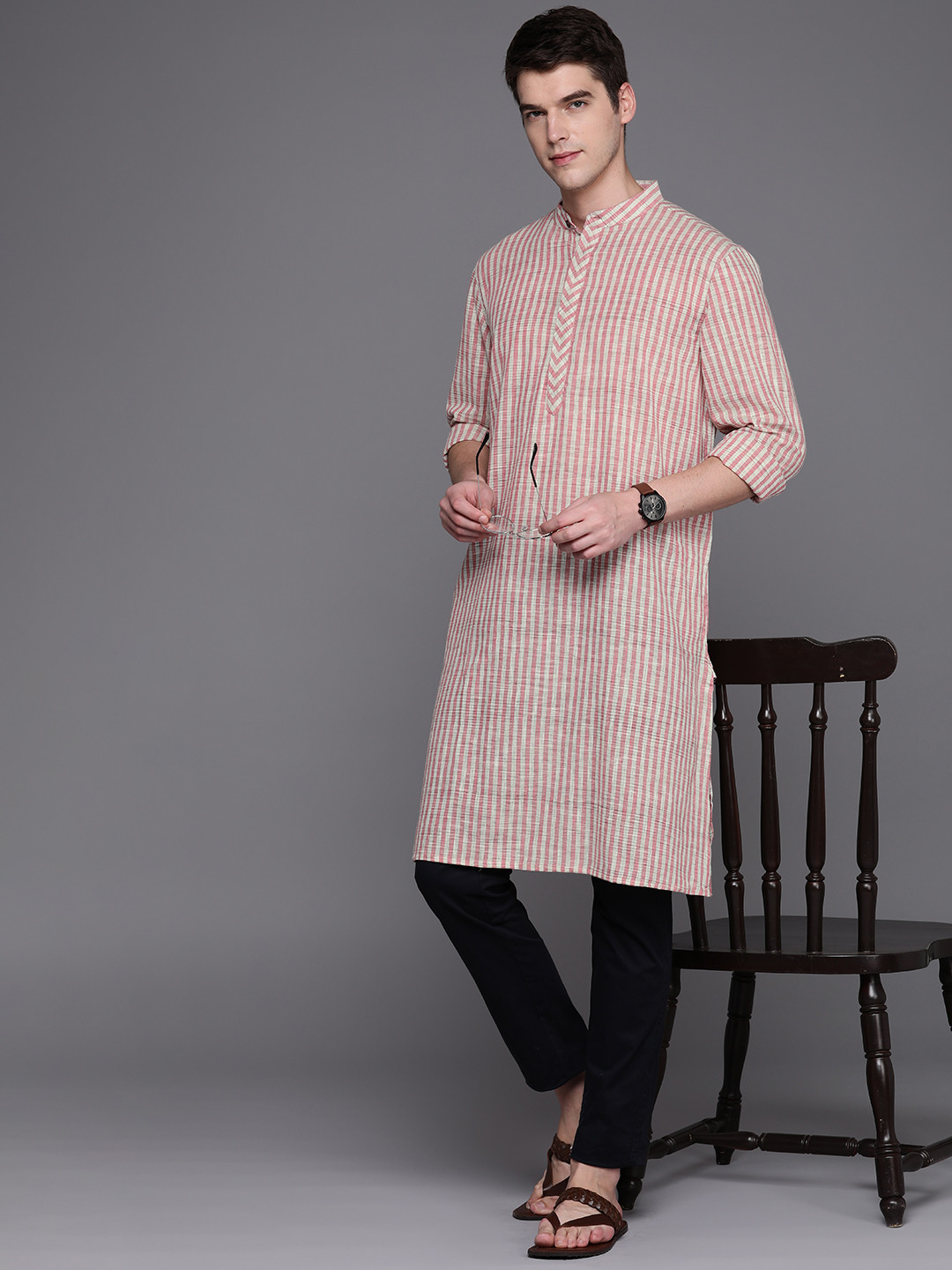 

Fabindia Men Pure Cotton Striped Straight Kurta, Pink