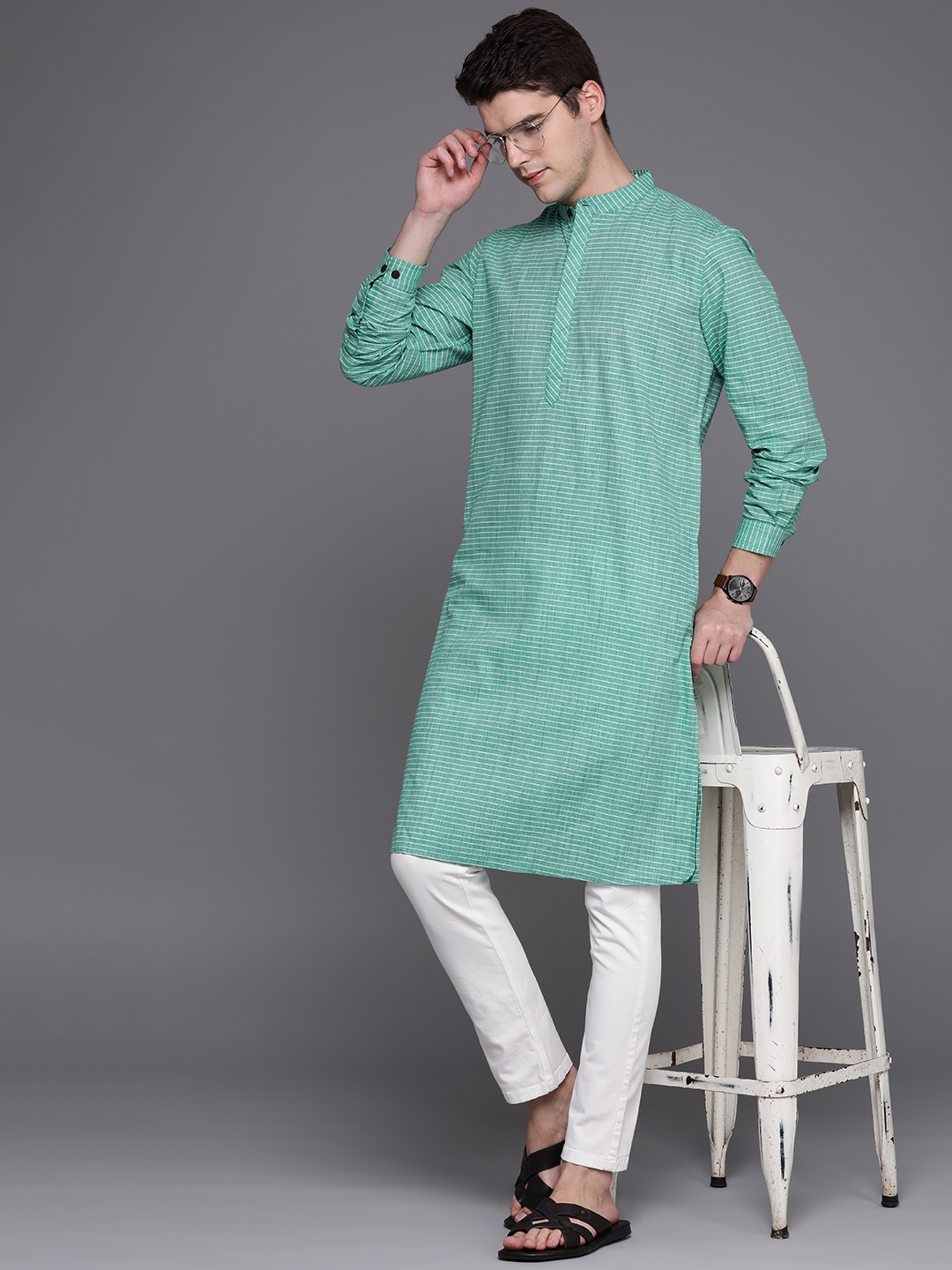 

Fabindia Men Pure Cotton Striped Kurta, Green