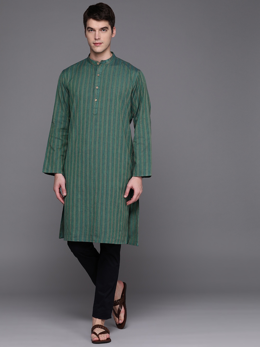 

Fabindia Men Pure Cotton Striped Thread Work Kurta, Green