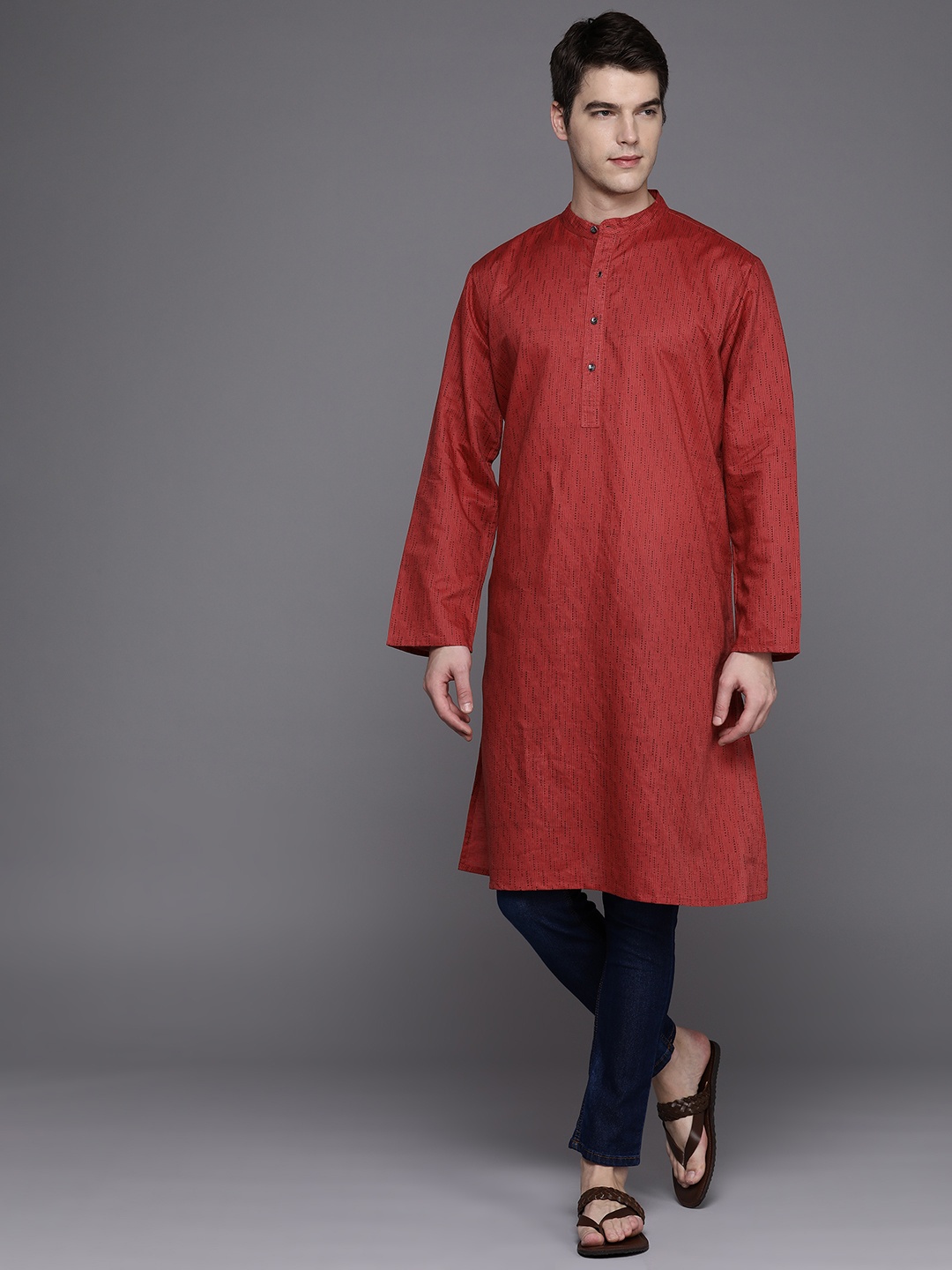 

Fabindia Men Mandarin Collar Striped Kurta, Red