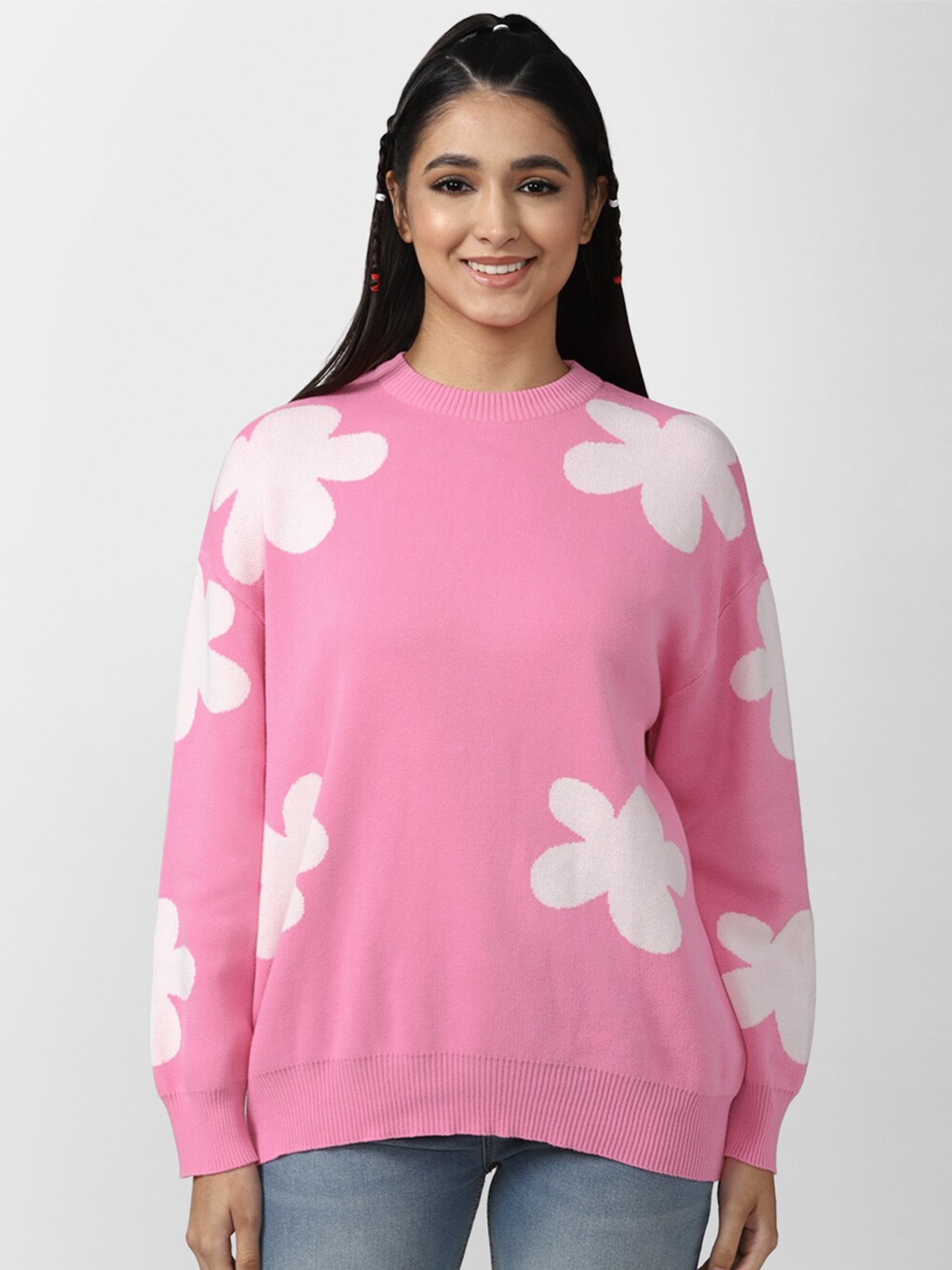 

FOREVER 21 Women Pink And Off White Floral Printed Pullover Sweater