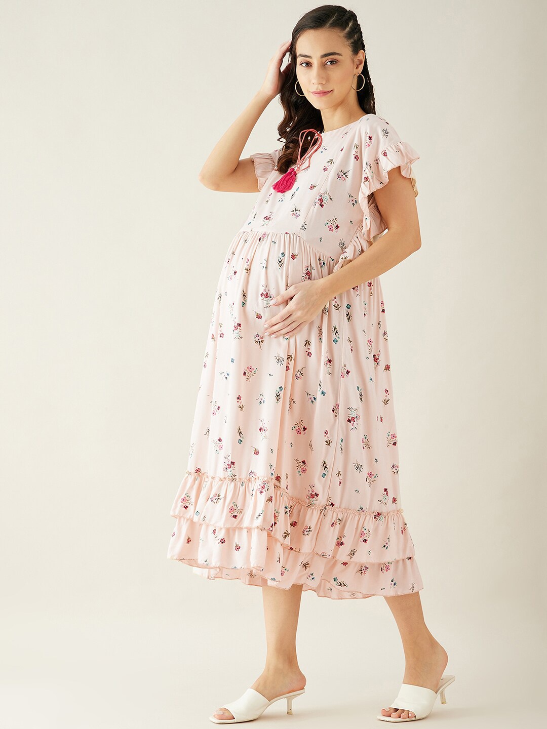 

The Kaftan Company Beige & Pink Floral Keyhole Neck Maternity Dress