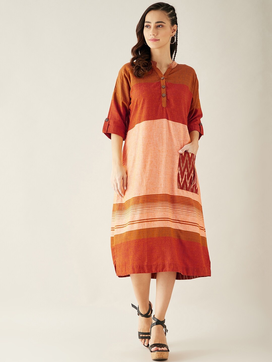 

The Kaftan Company Women Orange and Peach Straight Cut Cotton Lounge Dress